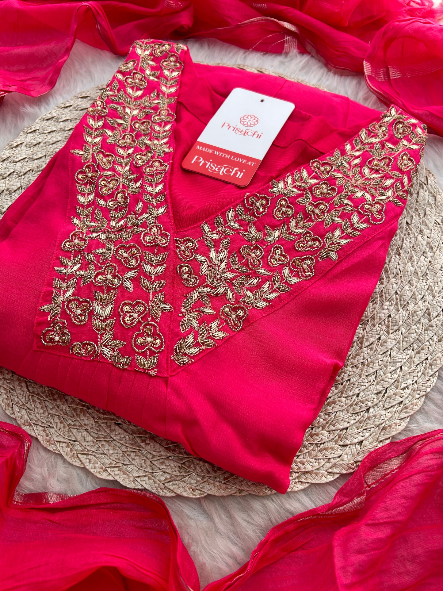 Pink Zardozi Embroidered A-Line Ethnic Kurta Set with Dupatta & Pants