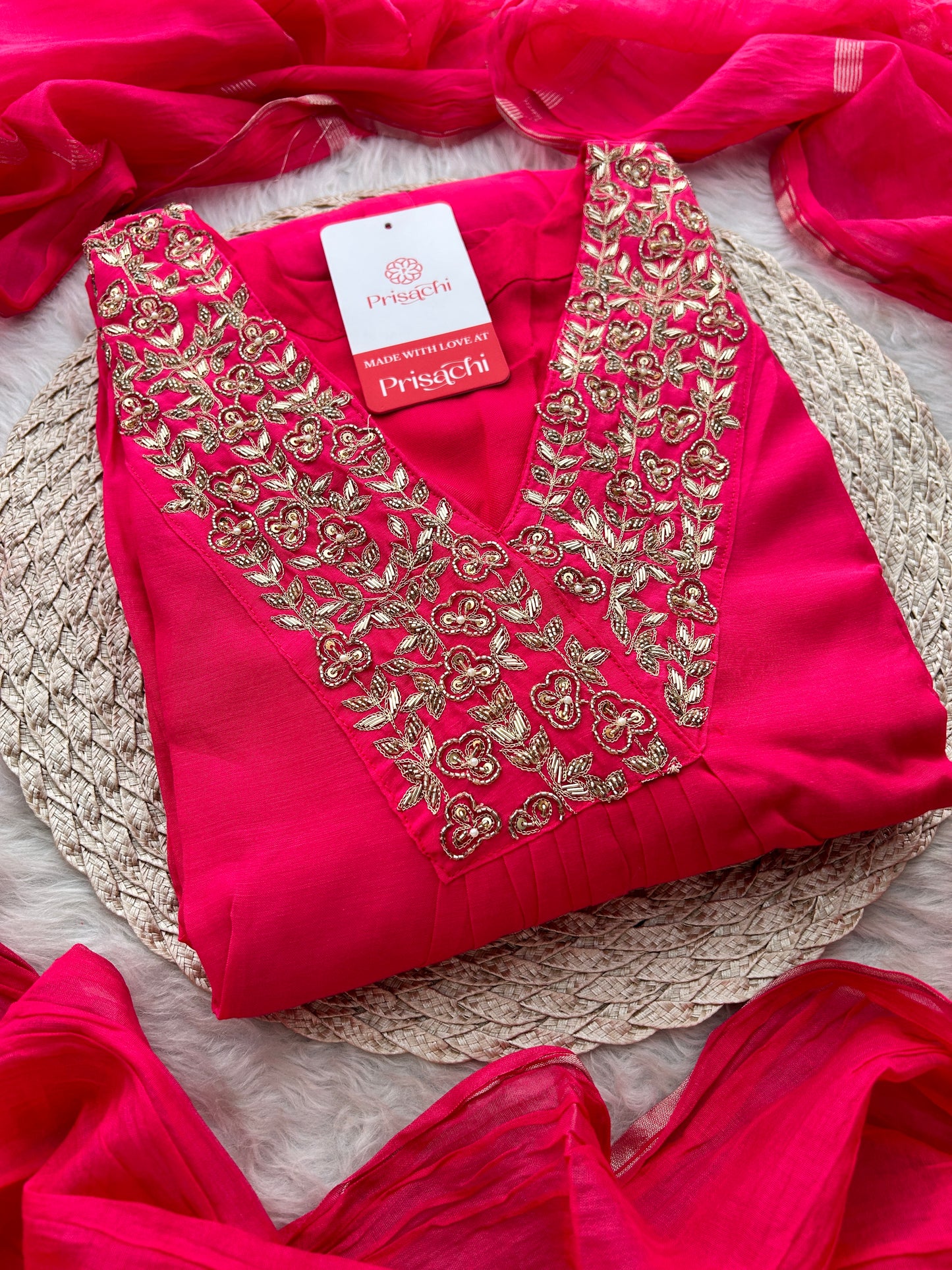 Pink Zardozi Embroidered A-Line Ethnic Kurta Set with Dupatta & Pants