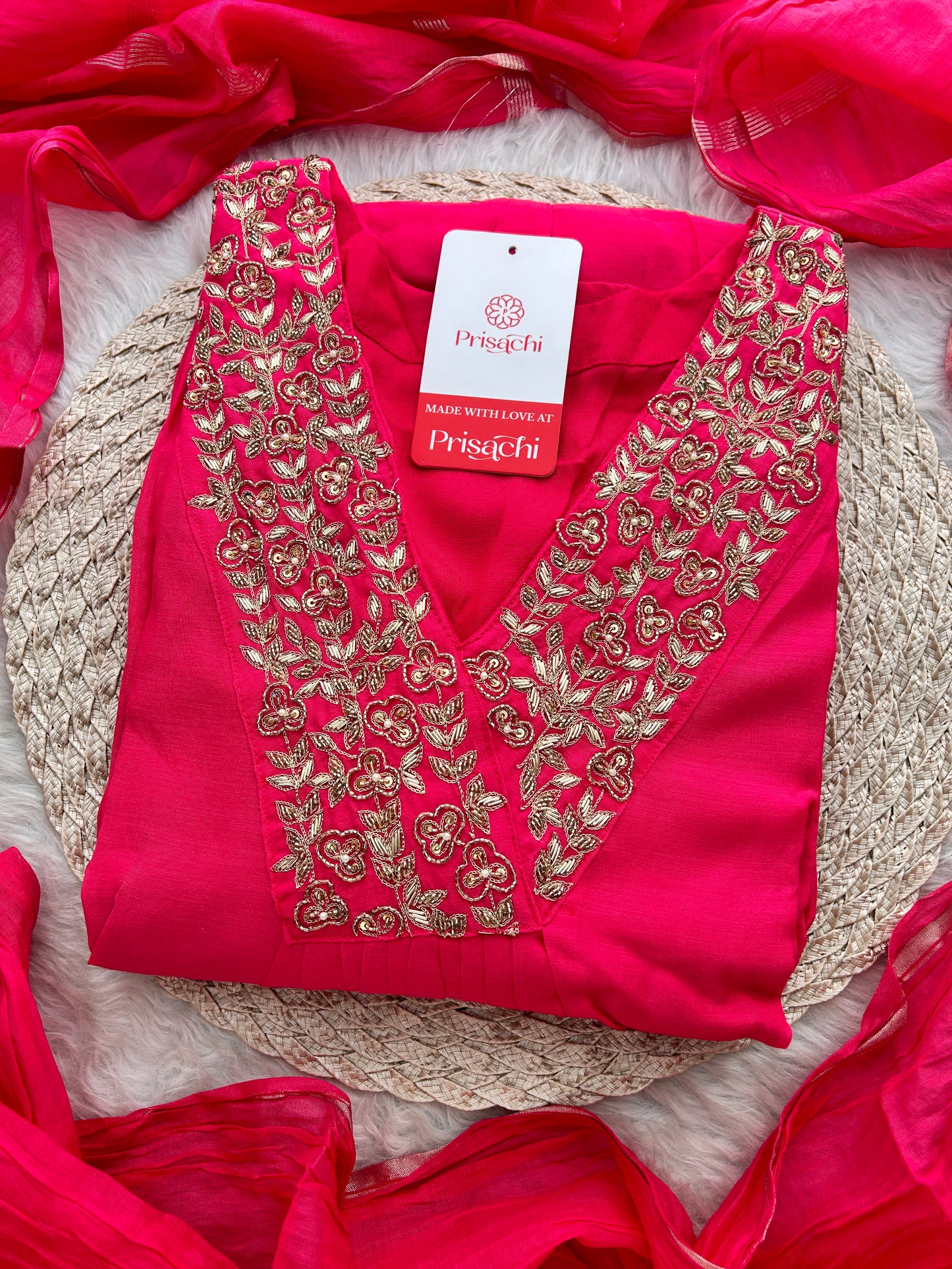 Pink Zardozi Embroidered A-Line Ethnic Kurta Set with Dupatta & Pants