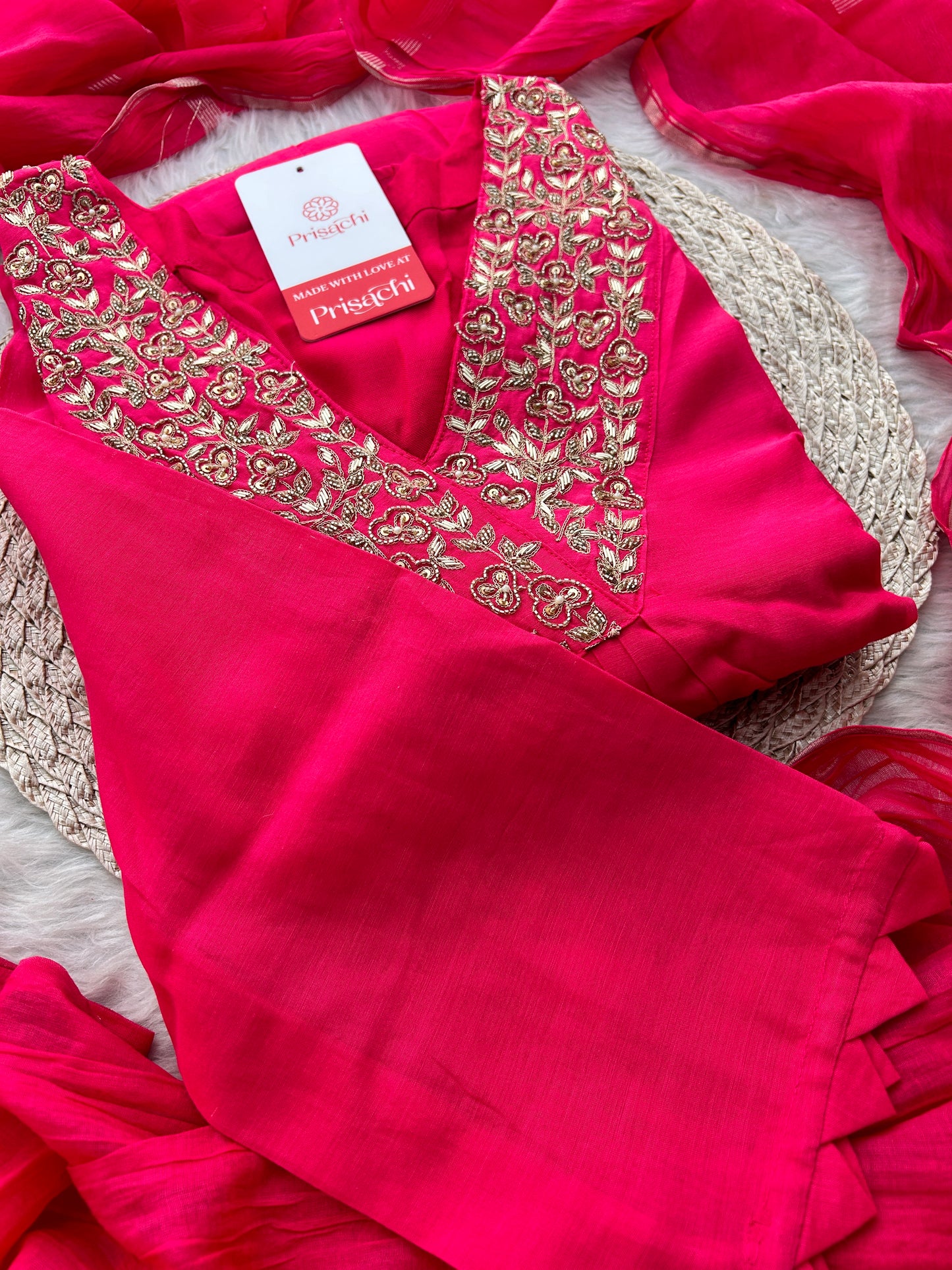 Pink Zardozi Embroidered A-Line Ethnic Kurta Set with Dupatta & Pants