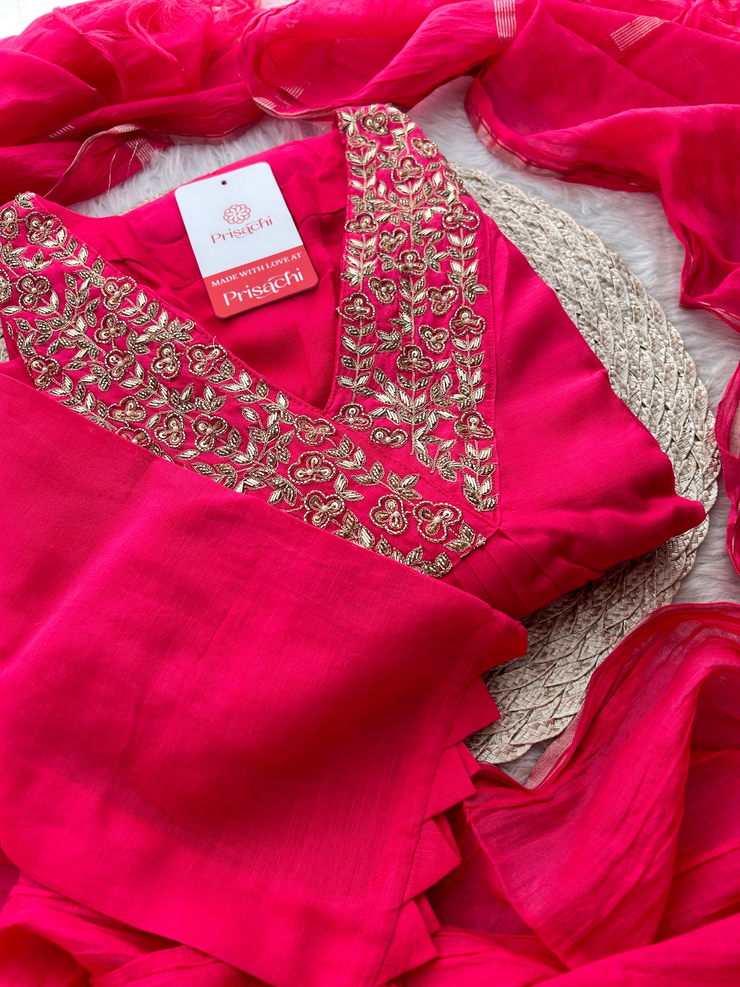 Pink Zardozi Embroidered A-Line Ethnic Kurta Set with Dupatta & Pants