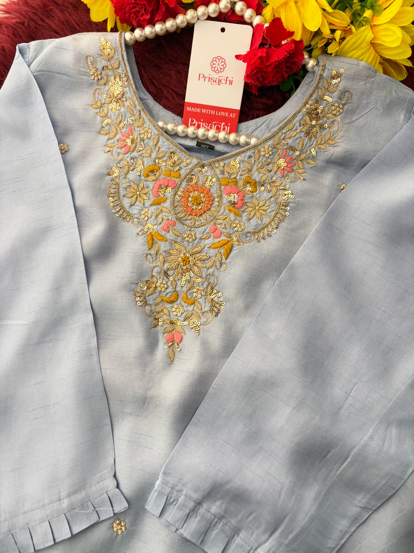 Pastel Blue Embroidered Kurta Set for Women with Straight Pants & Dupatta | Elegant Office & Daily Wear