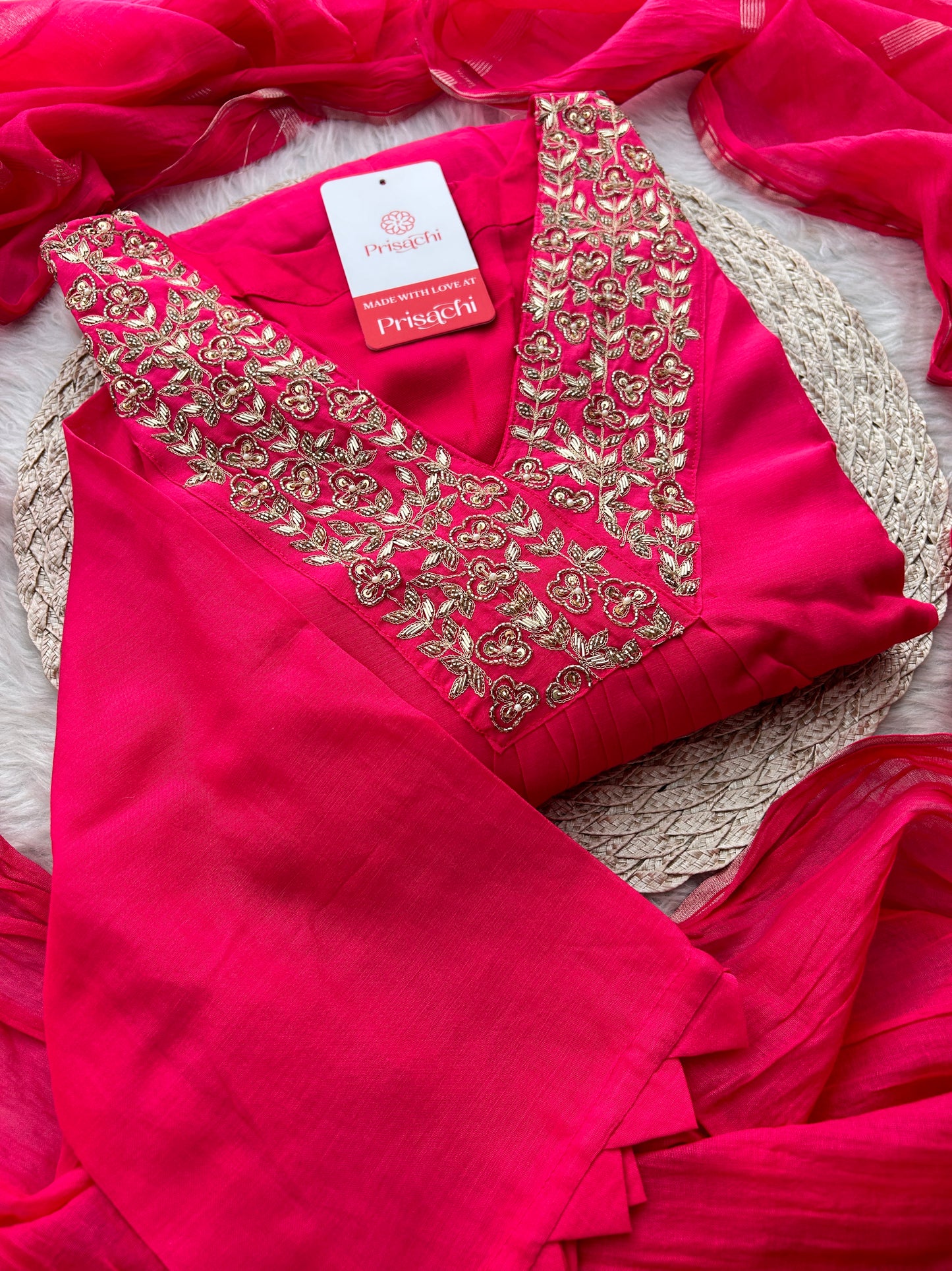 Pink Zardozi Embroidered A-Line Ethnic Kurta Set with Dupatta & Pants