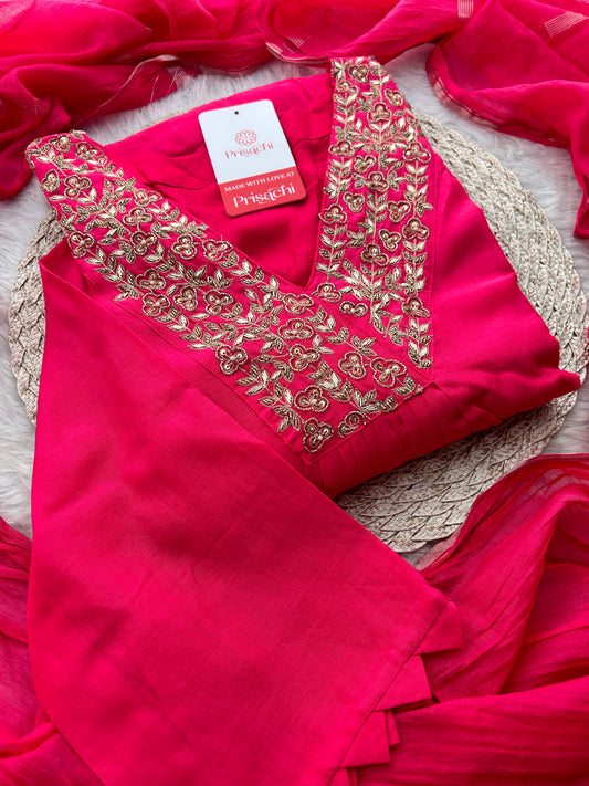 Pink Zardozi Embroidered A-Line Ethnic Kurta Set with Dupatta & Pants