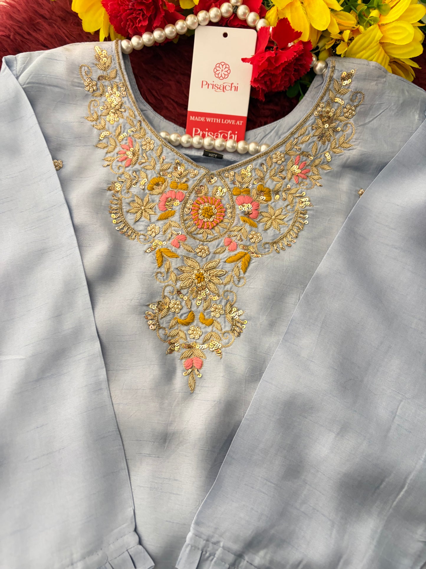 Pastel Blue Embroidered Kurta Set for Women with Straight Pants & Dupatta | Elegant Office & Daily Wear