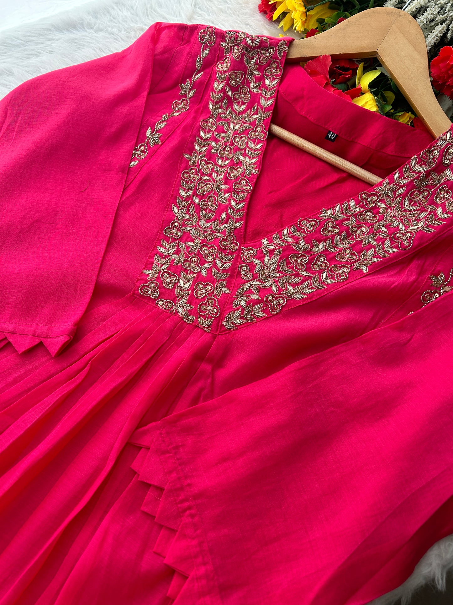 Pink Zardozi Embroidered A-Line Ethnic Kurta Set with Dupatta & Pants