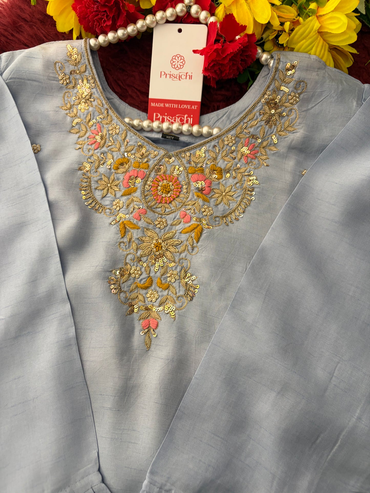 Pastel Blue Embroidered Kurta Set for Women with Straight Pants & Dupatta | Elegant Office & Daily Wear