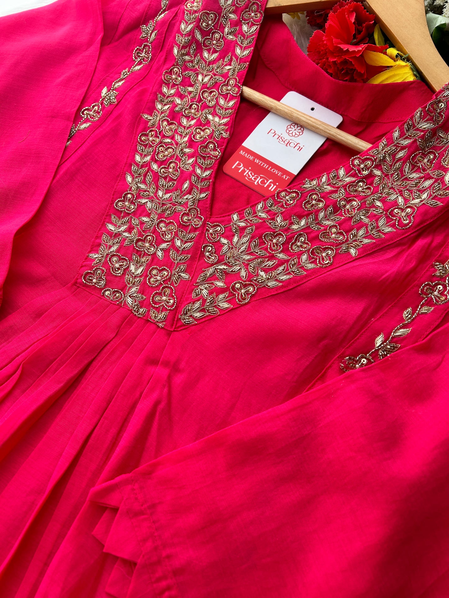 Pink Zardozi Embroidered A-Line Ethnic Kurta Set with Dupatta & Pants