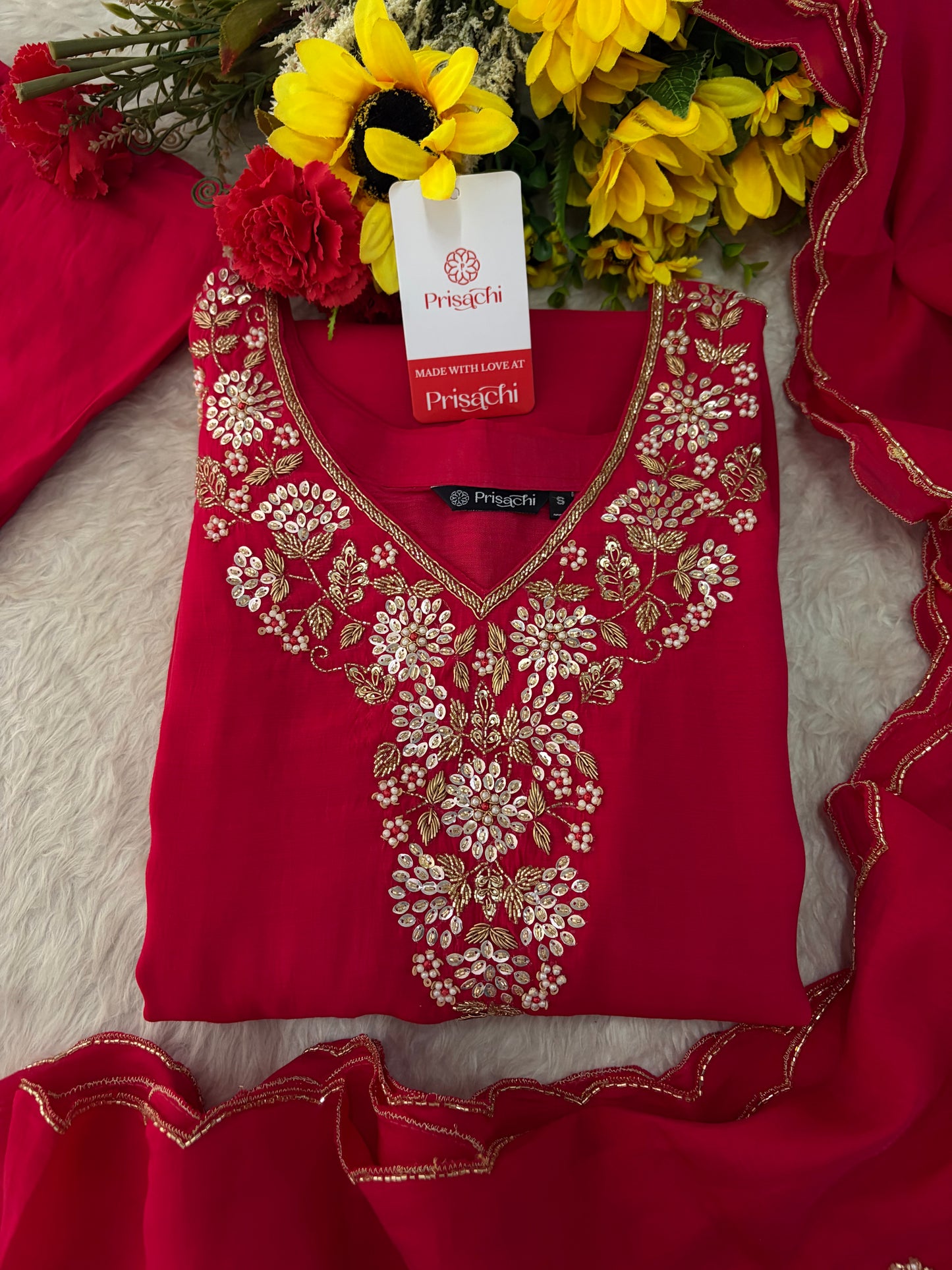 Deep Pink Embroidered Kurta Set for Women with Pants & Dupatta | Ethnic Festive Wear