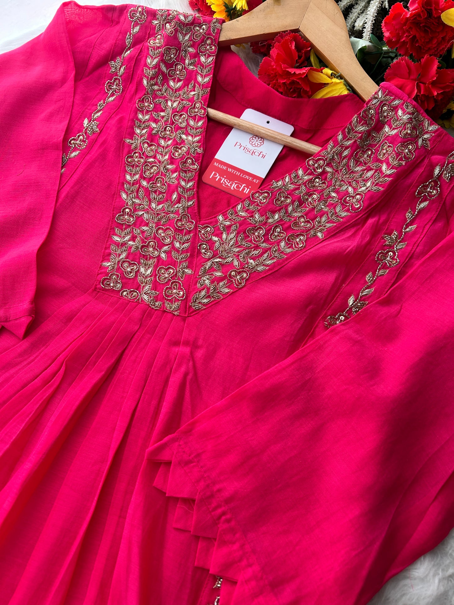 Pink Zardozi Embroidered A-Line Ethnic Kurta Set with Dupatta & Pants