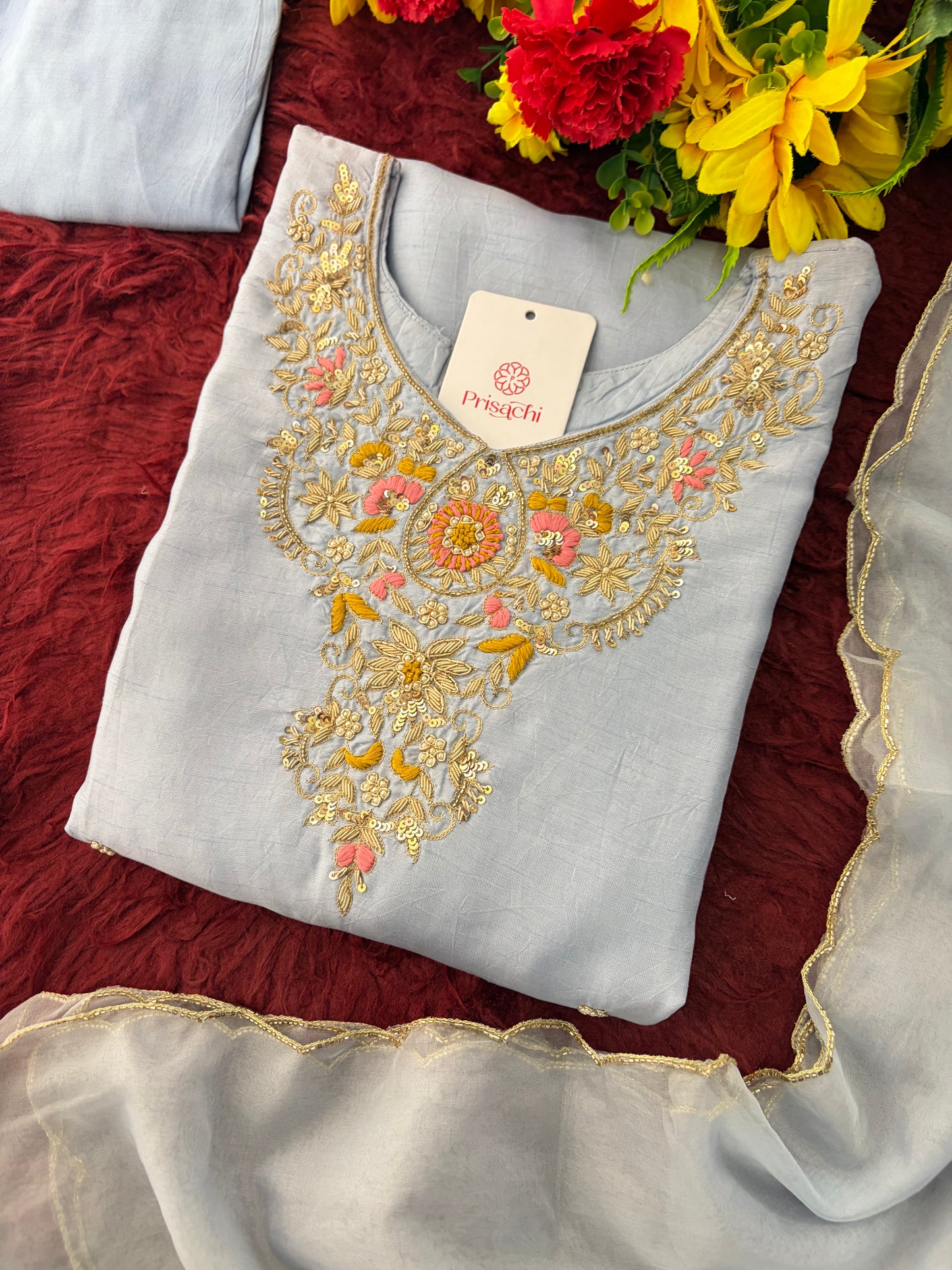 Pastel Blue Embroidered Kurta Set for Women with Straight Pants & Dupatta | Elegant Office & Daily Wear