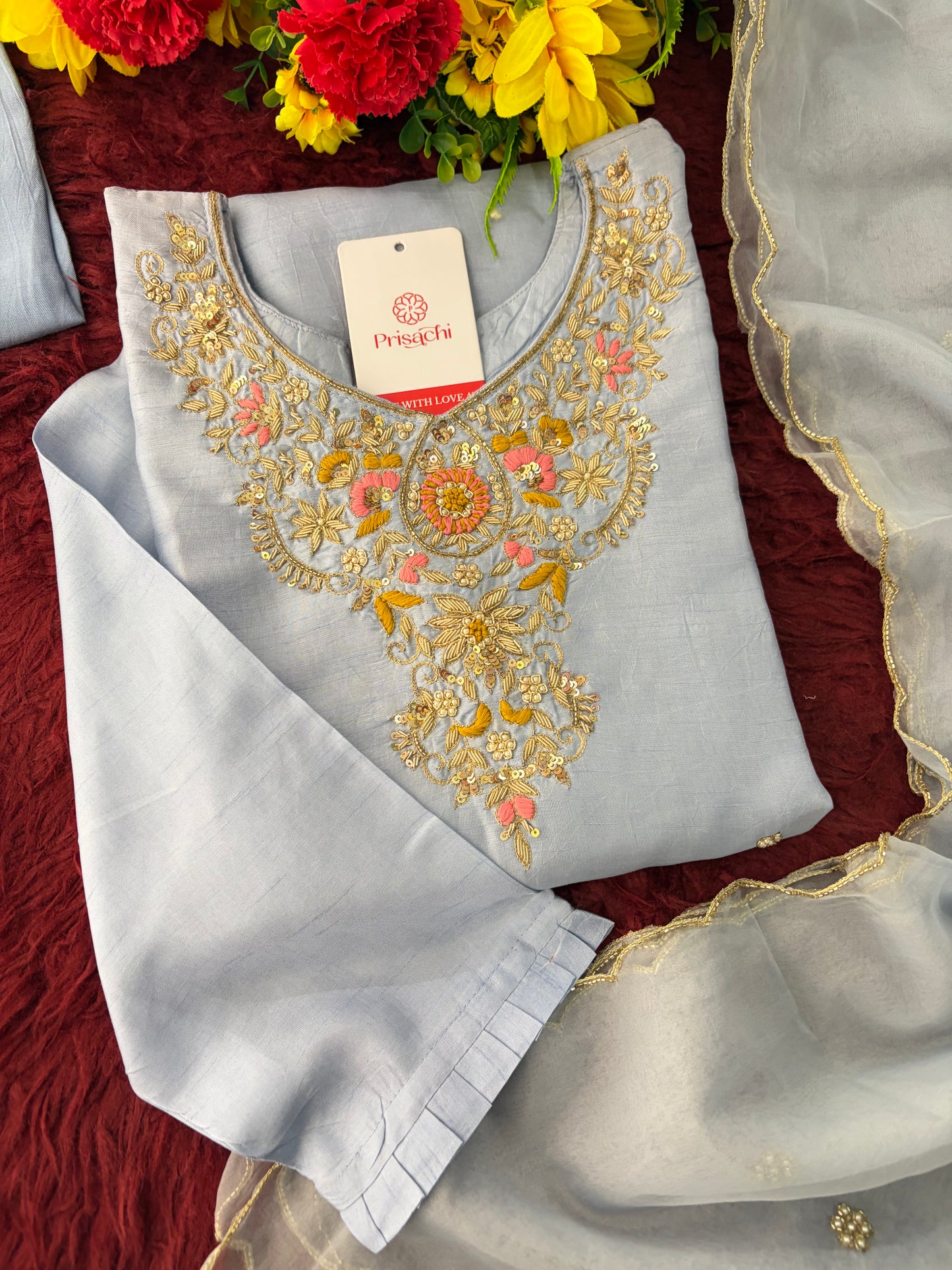 Pastel Blue Embroidered Kurta Set for Women with Straight Pants & Dupatta | Elegant Office & Daily Wear