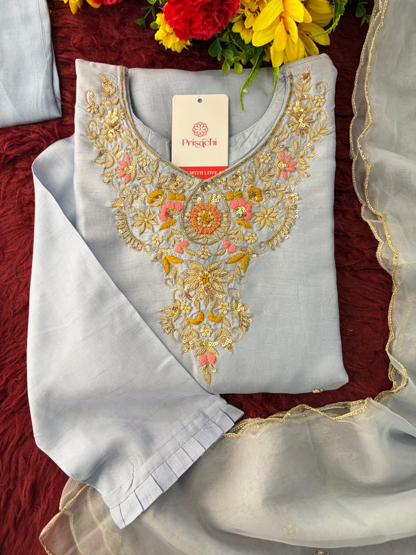 Pastel Blue Embroidered Kurta Set for Women with Straight Pants & Dupatta | Elegant Office & Daily Wear