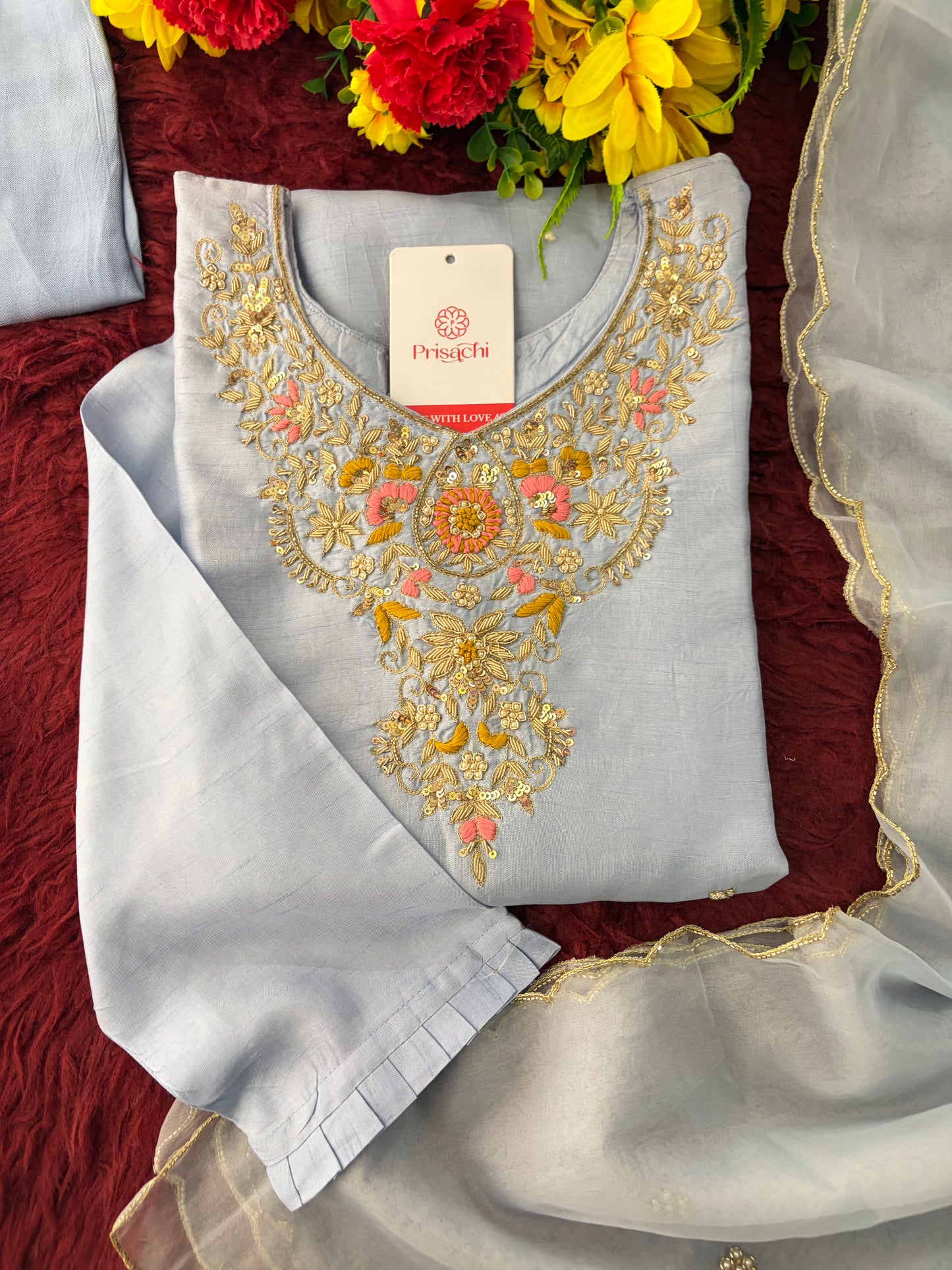 Pastel Blue Embroidered Kurta Set for Women with Straight Pants & Dupatta | Elegant Office & Daily Wear
