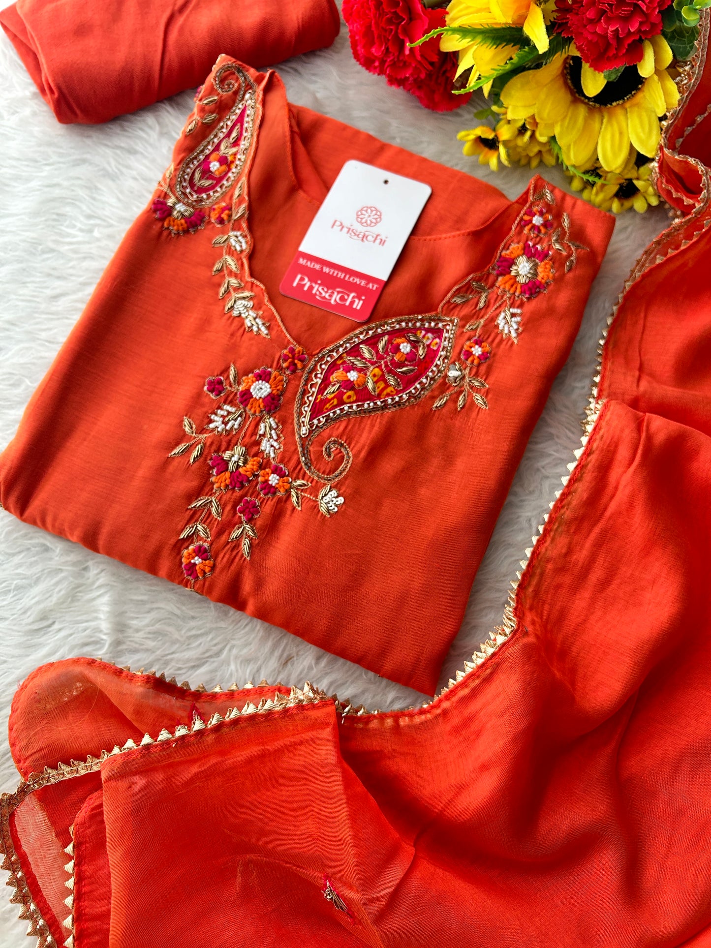 Orange Designer Embroidered A Line kurta set with dupatta and Pant