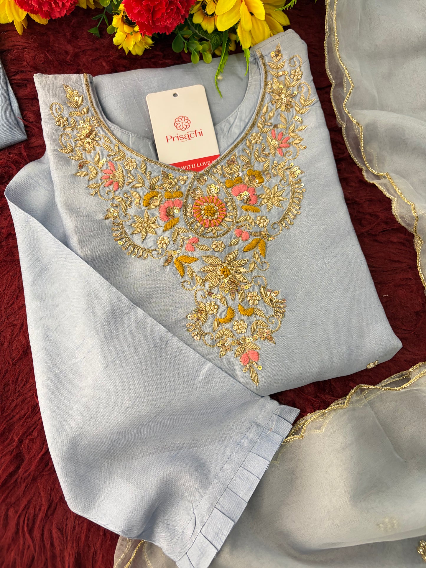 Pastel Blue Embroidered Kurta Set for Women with Straight Pants & Dupatta | Elegant Office & Daily Wear