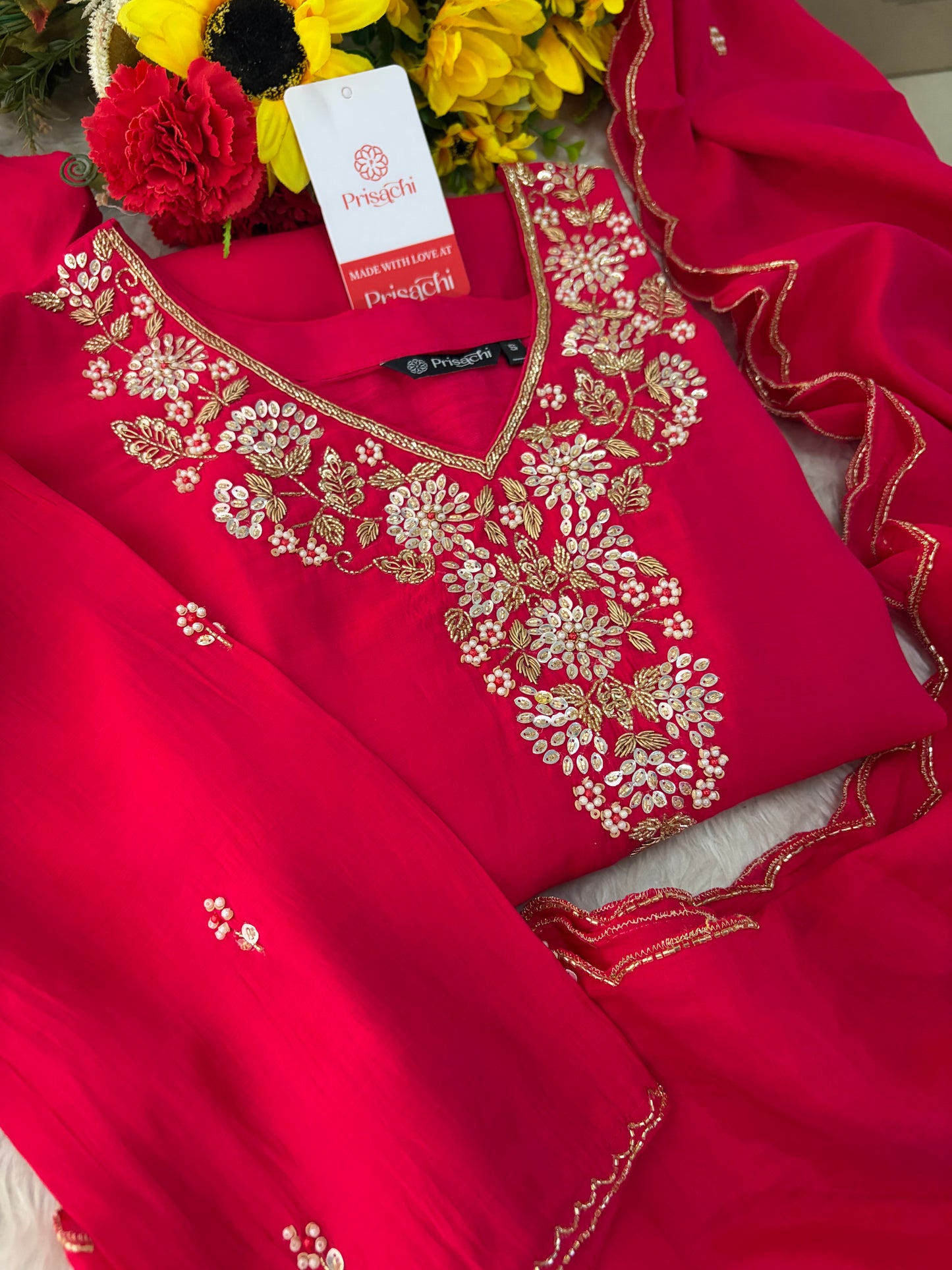 Deep Pink Embroidered Kurta Set for Women with Pants & Dupatta | Ethnic Festive Wear