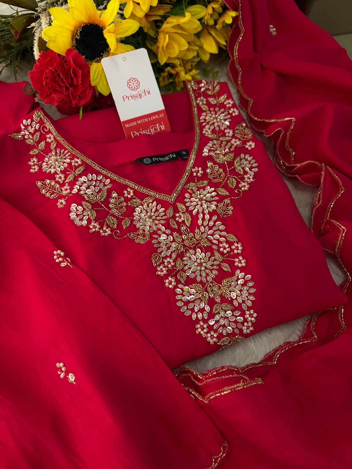 Deep Pink Embroidered Kurta Set for Women with Pants & Dupatta | Ethnic Festive Wear