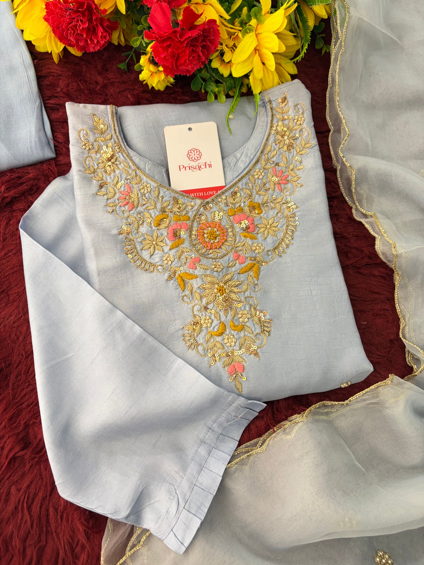 Pastel Blue Embroidered Kurta Set for Women with Straight Pants & Dupatta | Elegant Office & Daily Wear