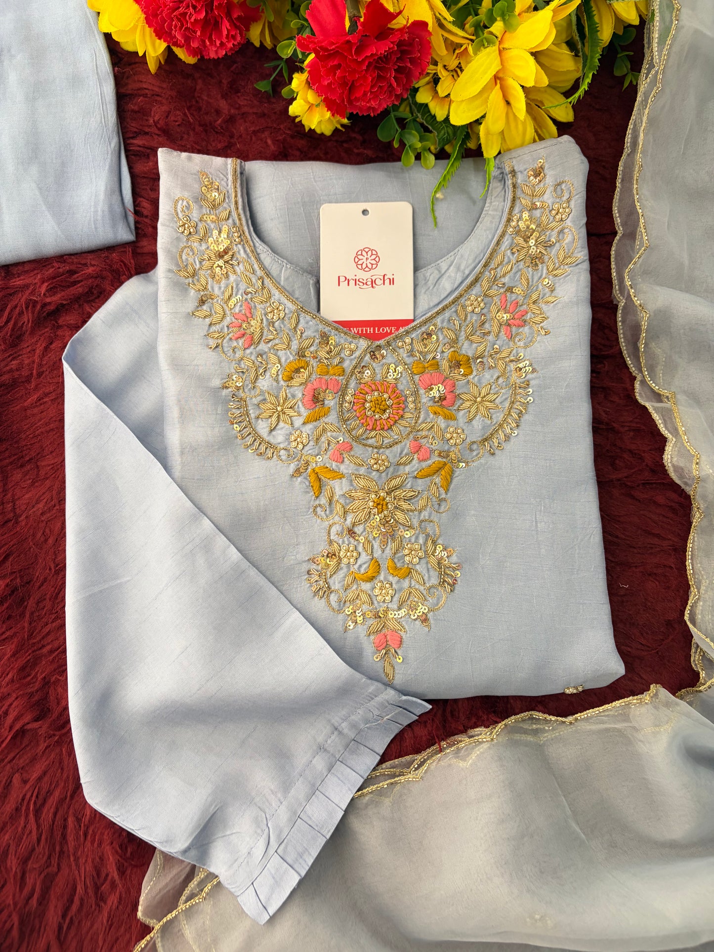 Pastel Blue Embroidered Kurta Set for Women with Straight Pants & Dupatta | Elegant Office & Daily Wear