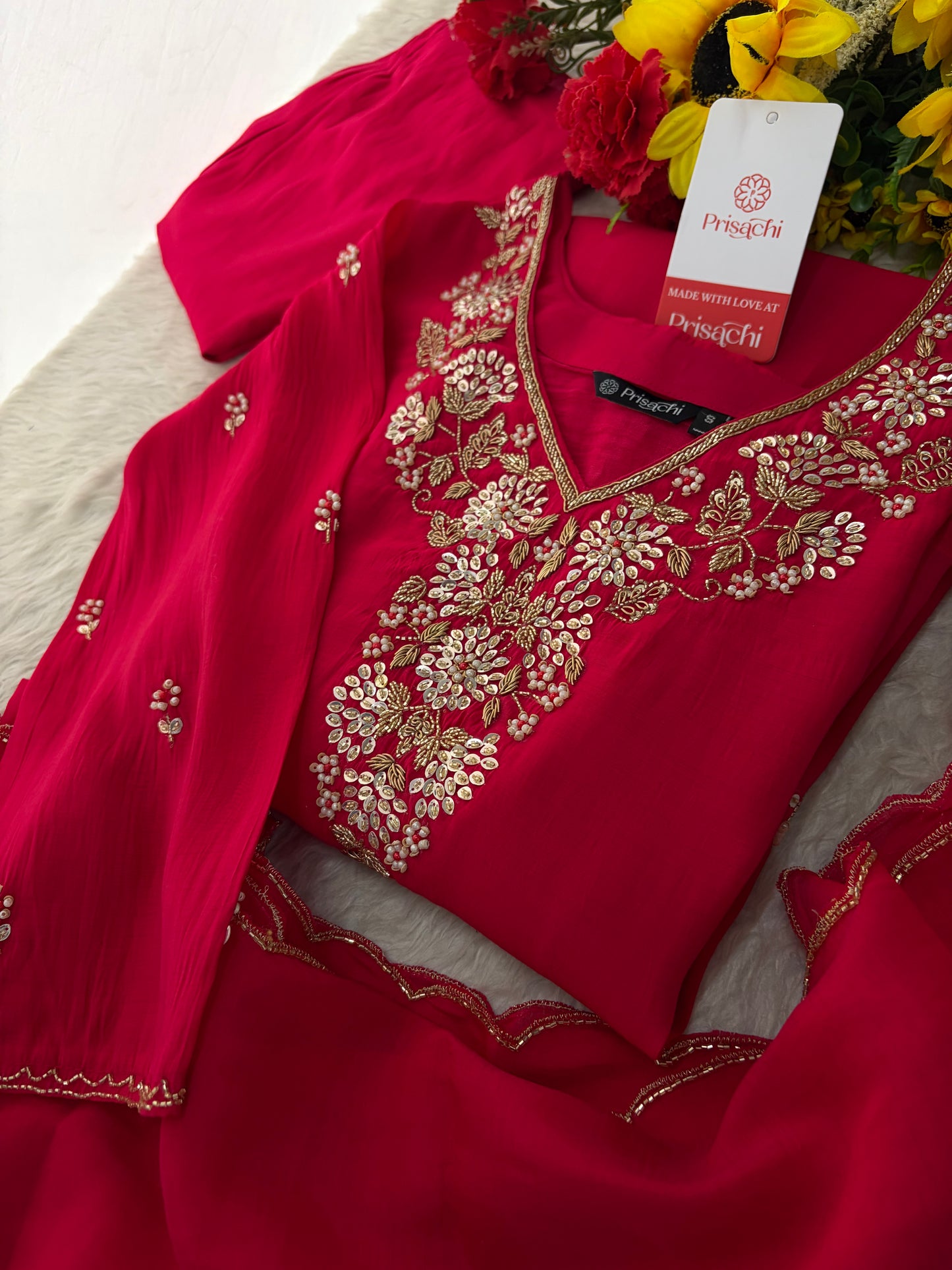 Deep Pink Embroidered Kurta Set for Women with Pants & Dupatta | Ethnic Festive Wear