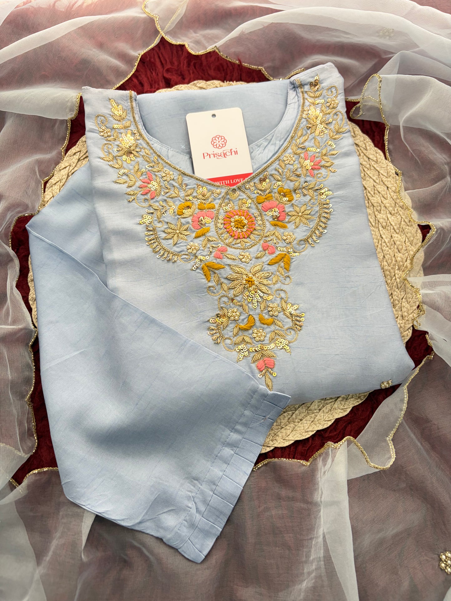Pastel Blue Embroidered Kurta Set for Women with Straight Pants & Dupatta | Elegant Office & Daily Wear
