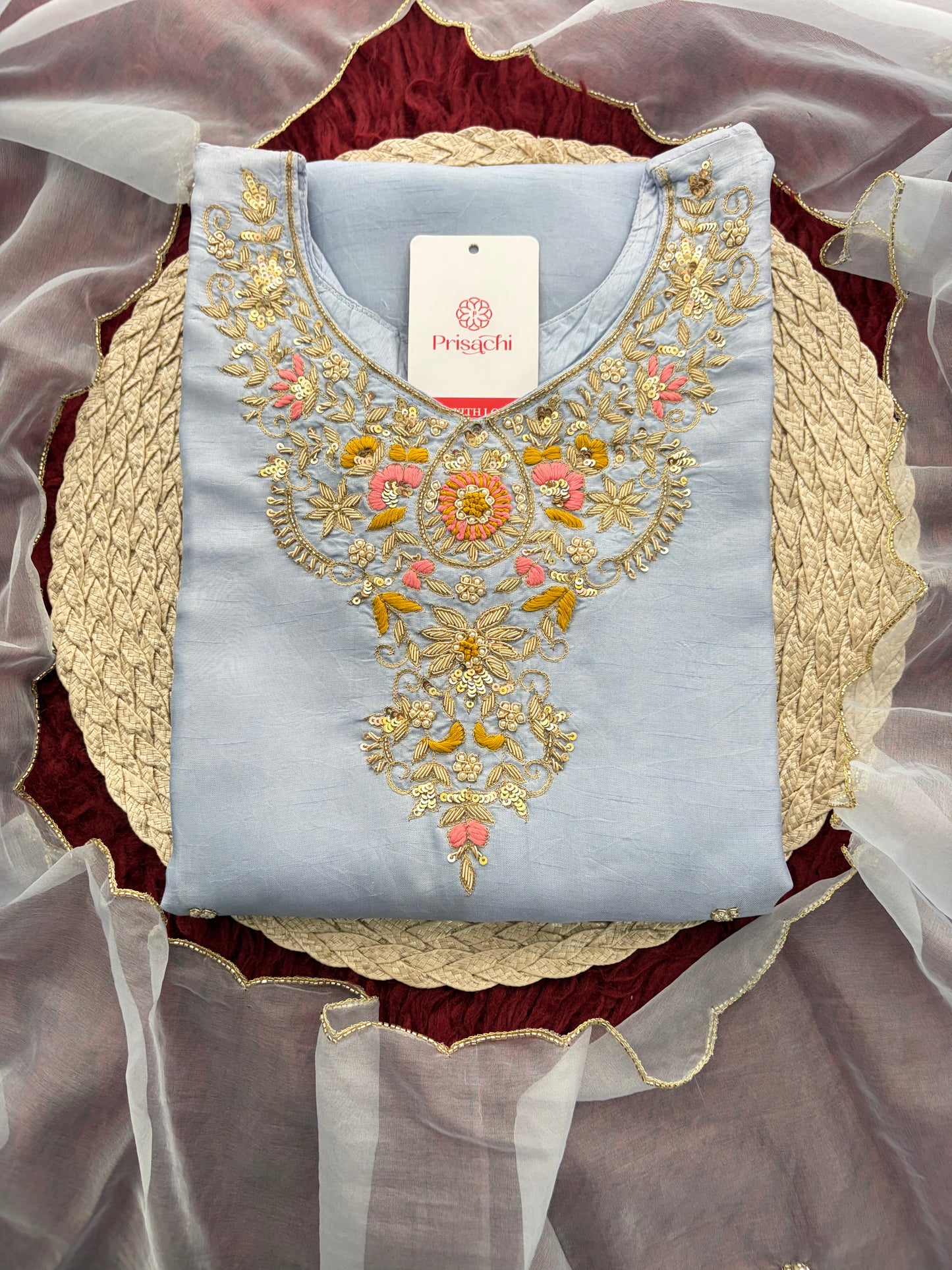Pastel Blue Embroidered Kurta Set for Women with Straight Pants & Dupatta | Elegant Office & Daily Wear