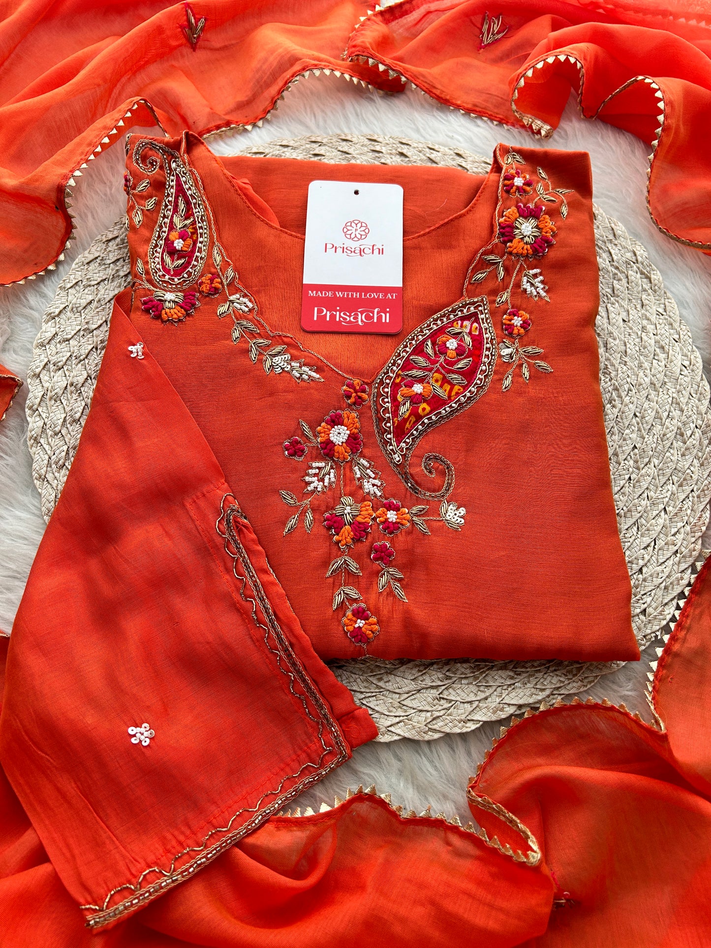 Orange Designer Embroidered A Line kurta set with dupatta and Pant