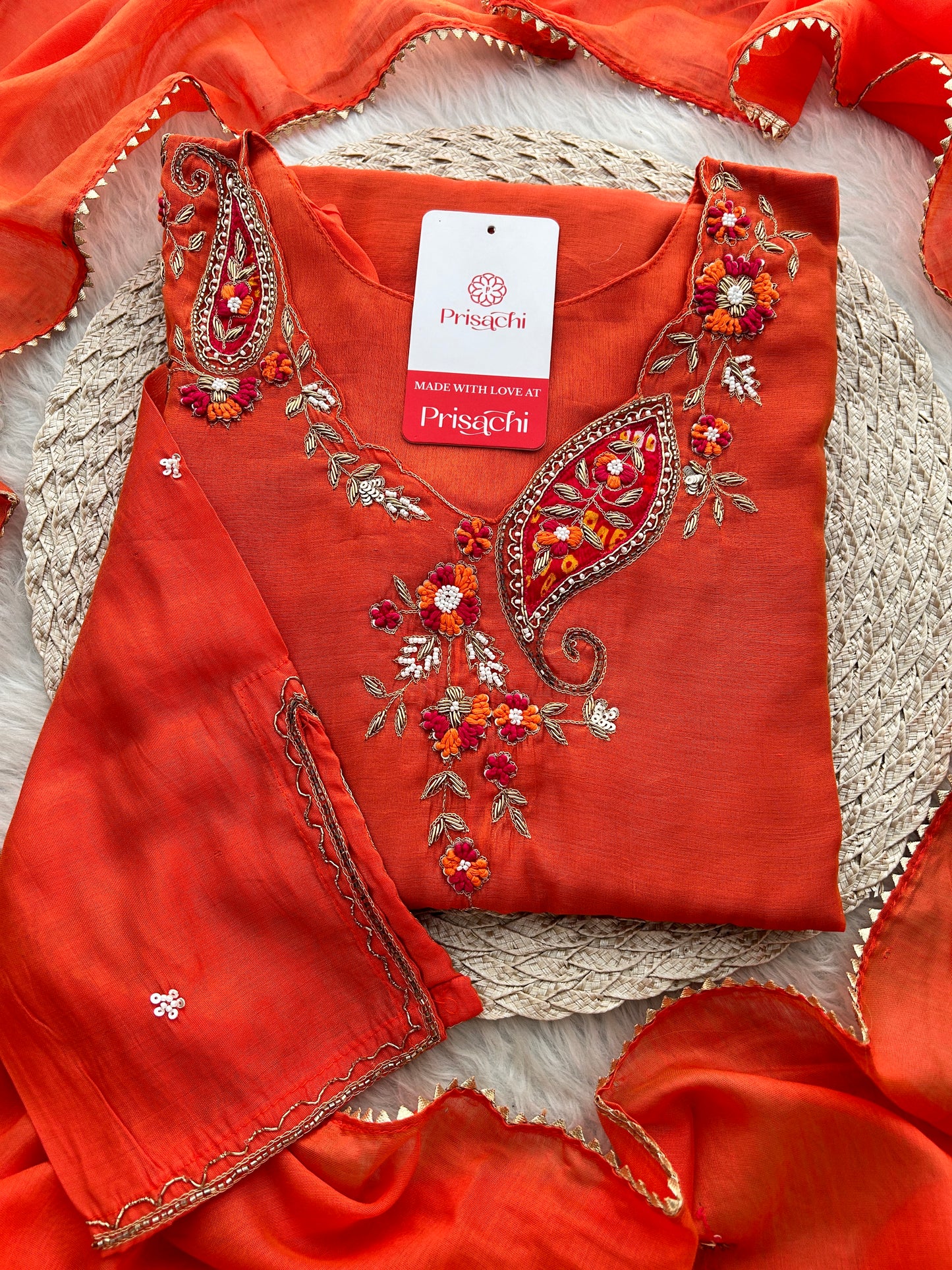 Orange Designer Embroidered A Line kurta set with dupatta and Pant