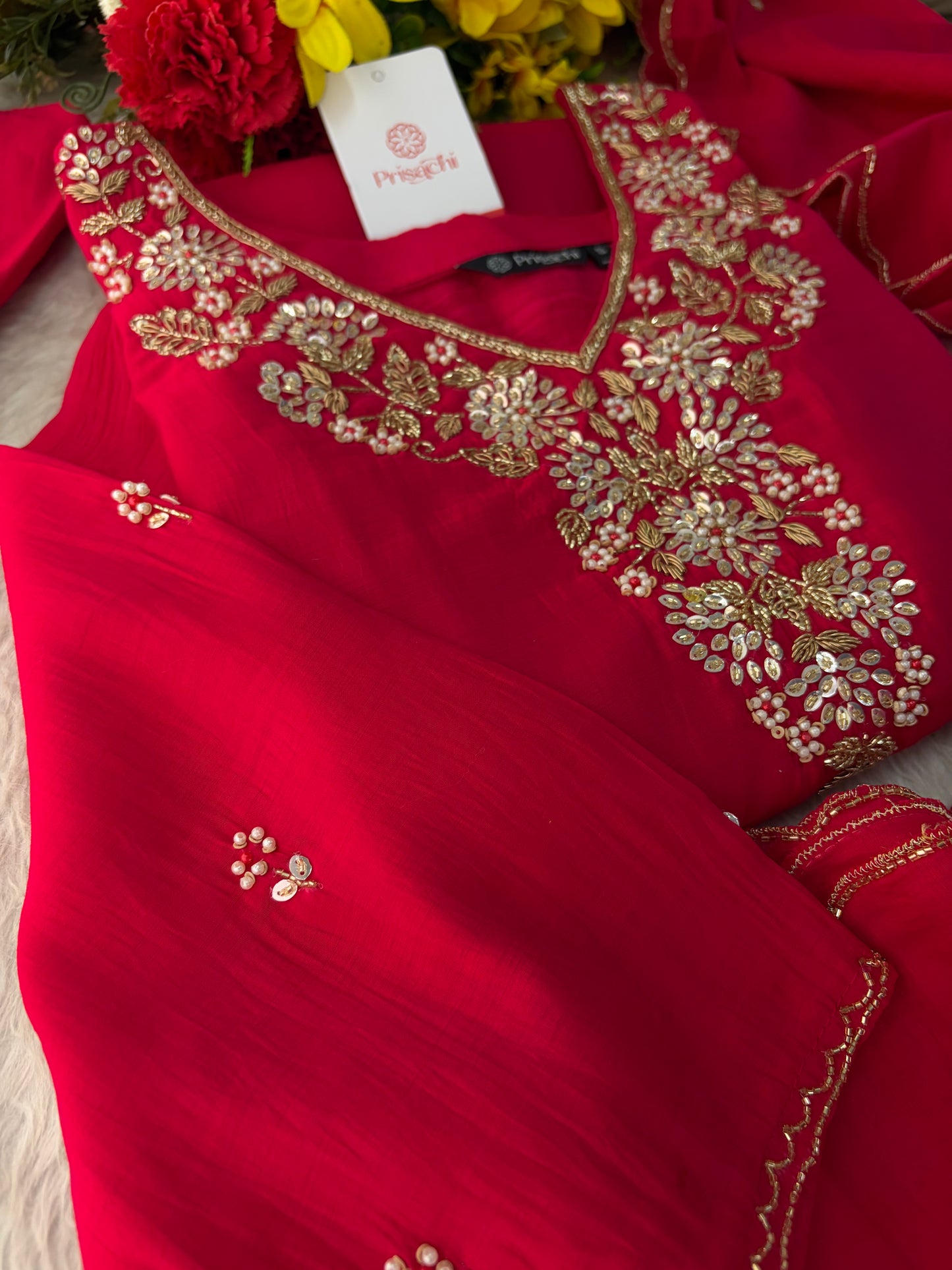 Deep Pink Embroidered Kurta Set for Women with Pants & Dupatta | Ethnic Festive Wear