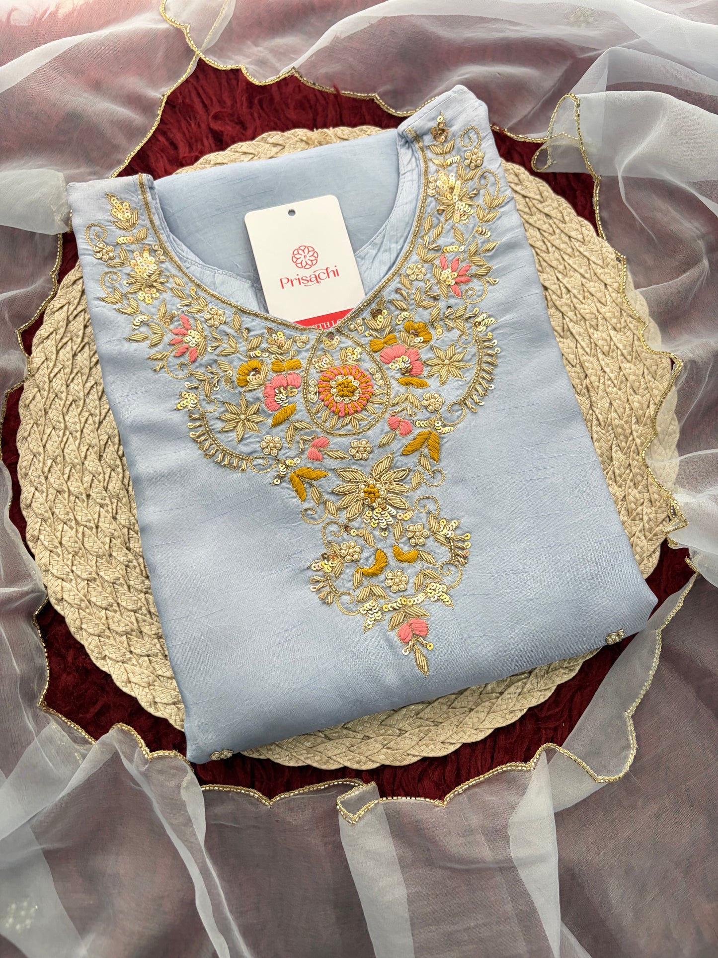 Pastel Blue Embroidered Kurta Set for Women with Straight Pants & Dupatta | Elegant Office & Daily Wear