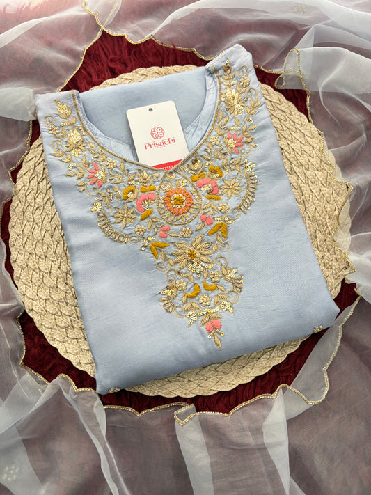 Pastel Blue Embroidered Kurta Set for Women with Straight Pants & Dupatta | Elegant Office & Daily Wear