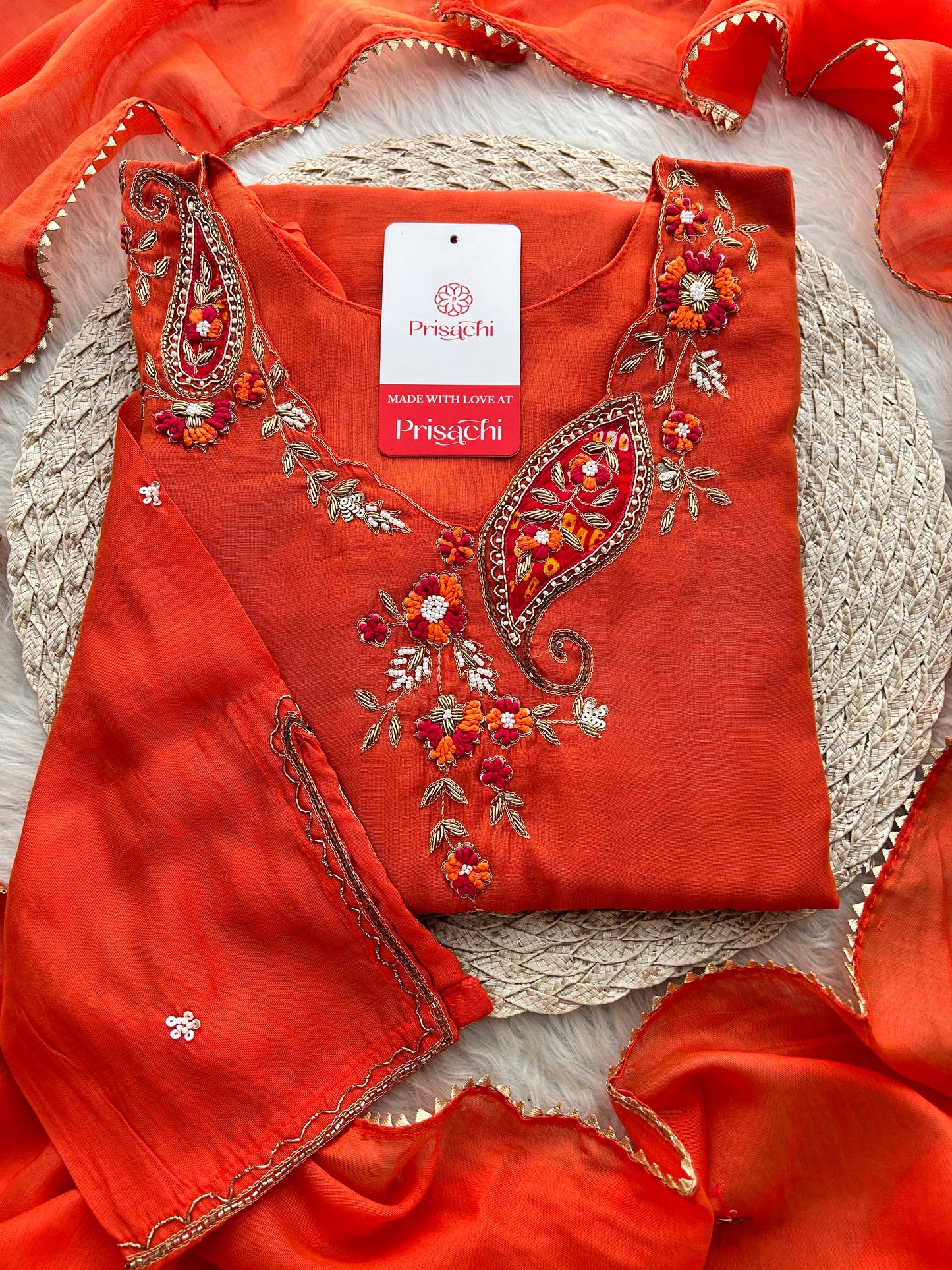 Orange Designer Embroidered A Line kurta set with dupatta and Pant