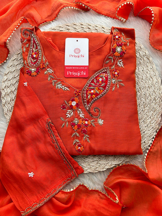 Orange Designer Embroidered A Line kurta set with dupatta and Pant