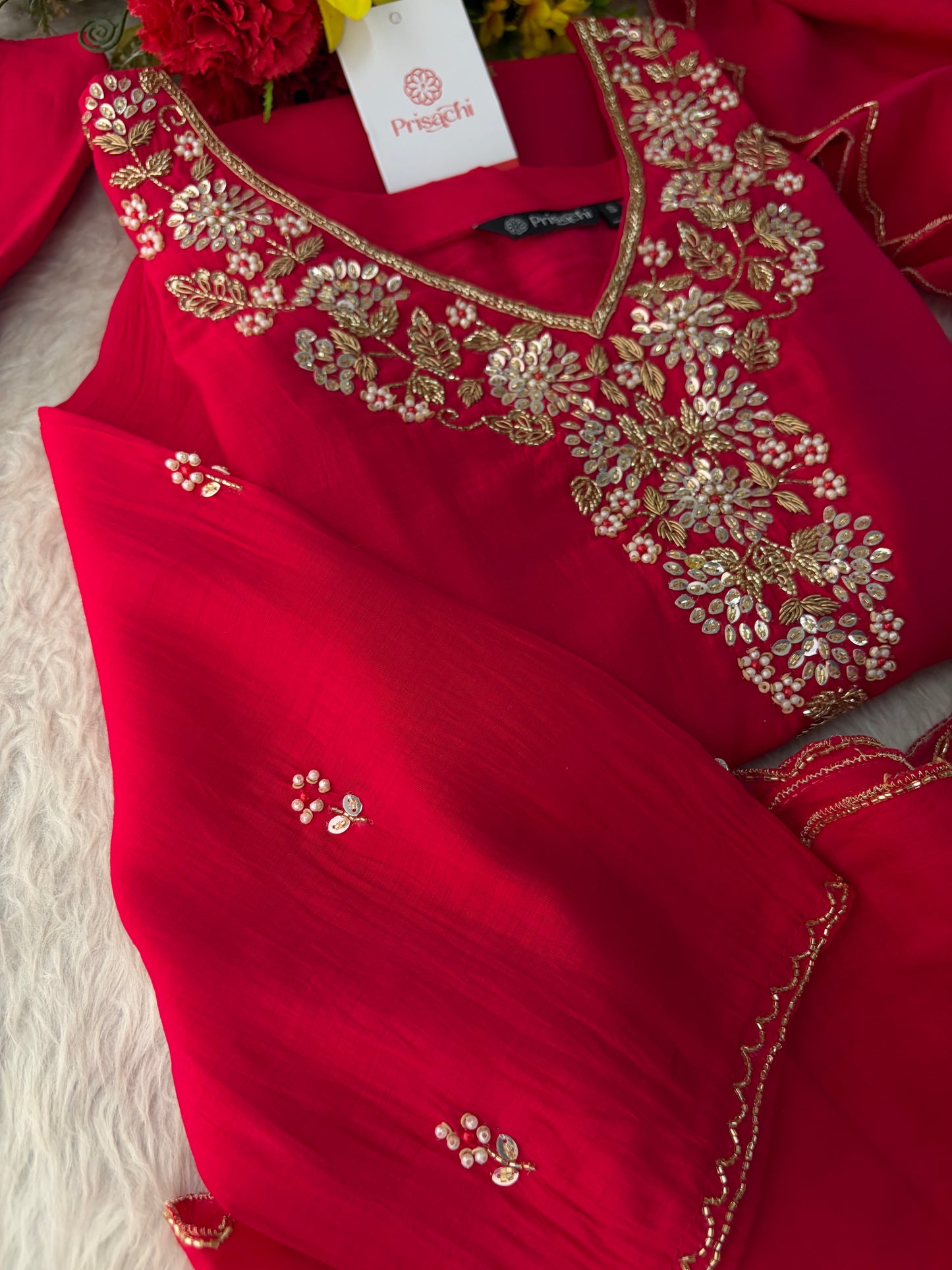 Deep Pink Embroidered Kurta Set for Women with Pants & Dupatta | Ethnic Festive Wear