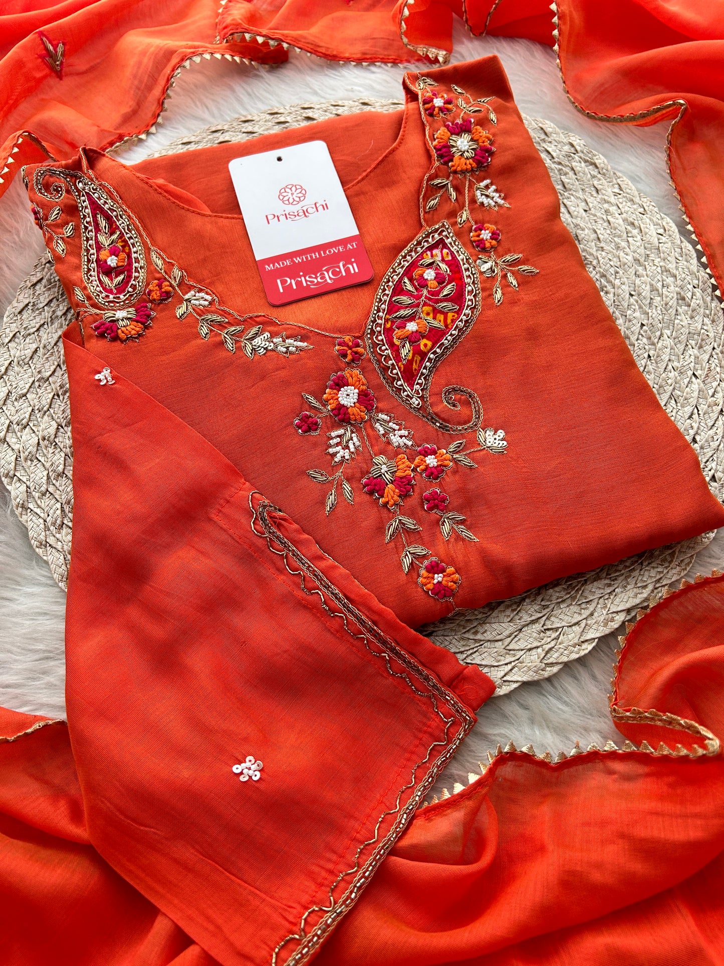 Orange Designer Embroidered A Line kurta set with dupatta and Pant