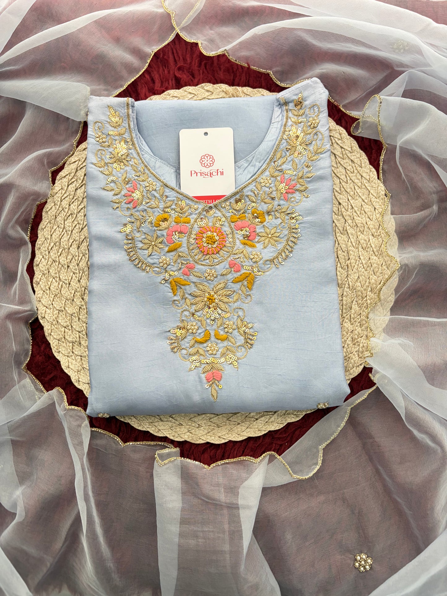 Pastel Blue Embroidered Kurta Set for Women with Straight Pants & Dupatta | Elegant Office & Daily Wear
