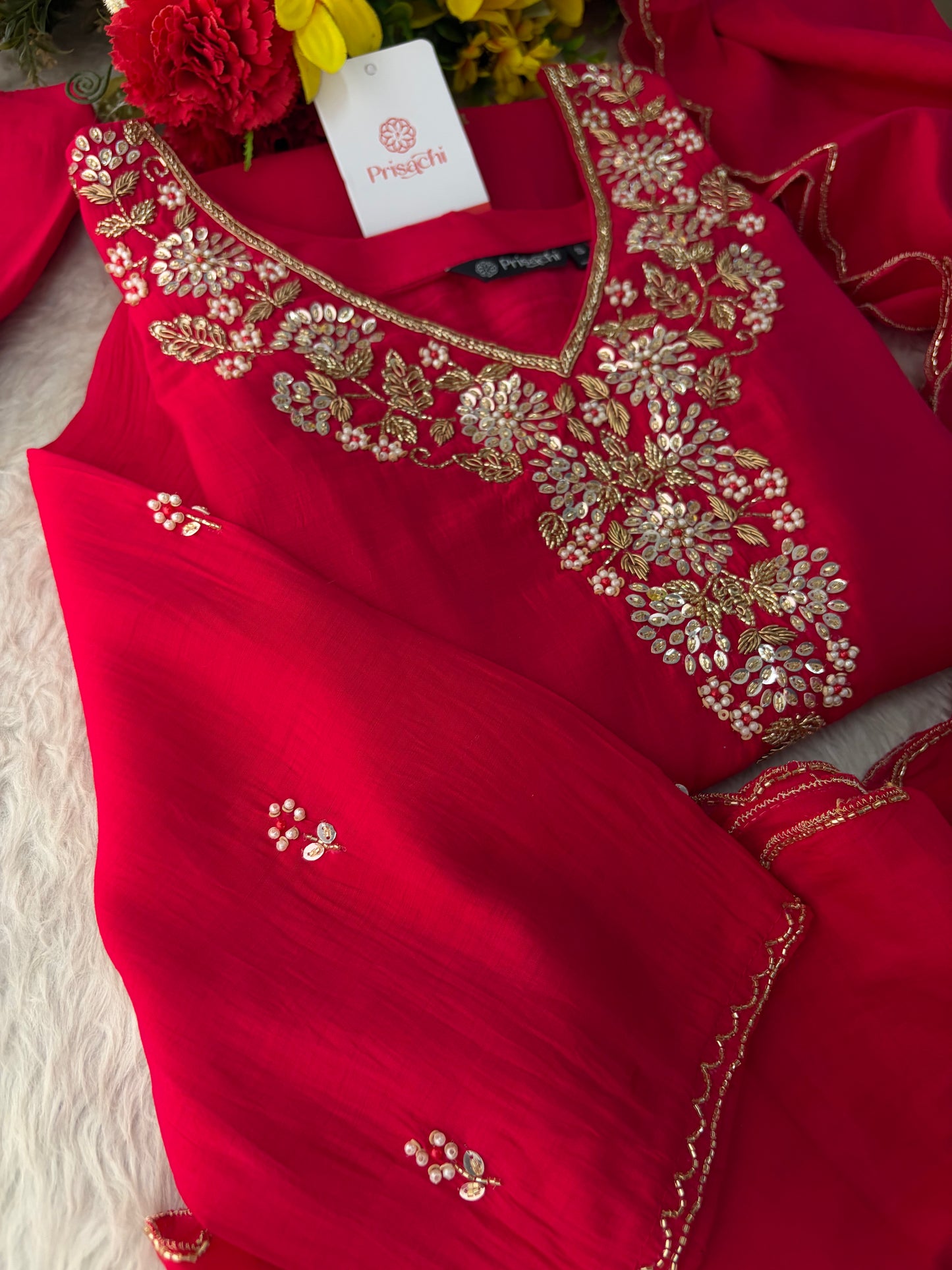 Deep Pink Embroidered Kurta Set for Women with Pants & Dupatta | Ethnic Festive Wear