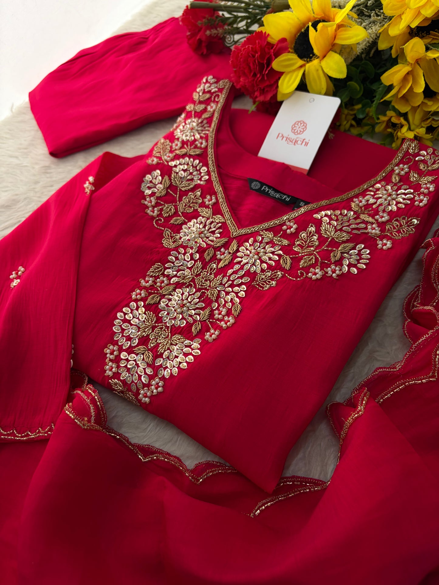 Deep Pink Embroidered Kurta Set for Women with Pants & Dupatta | Ethnic Festive Wear
