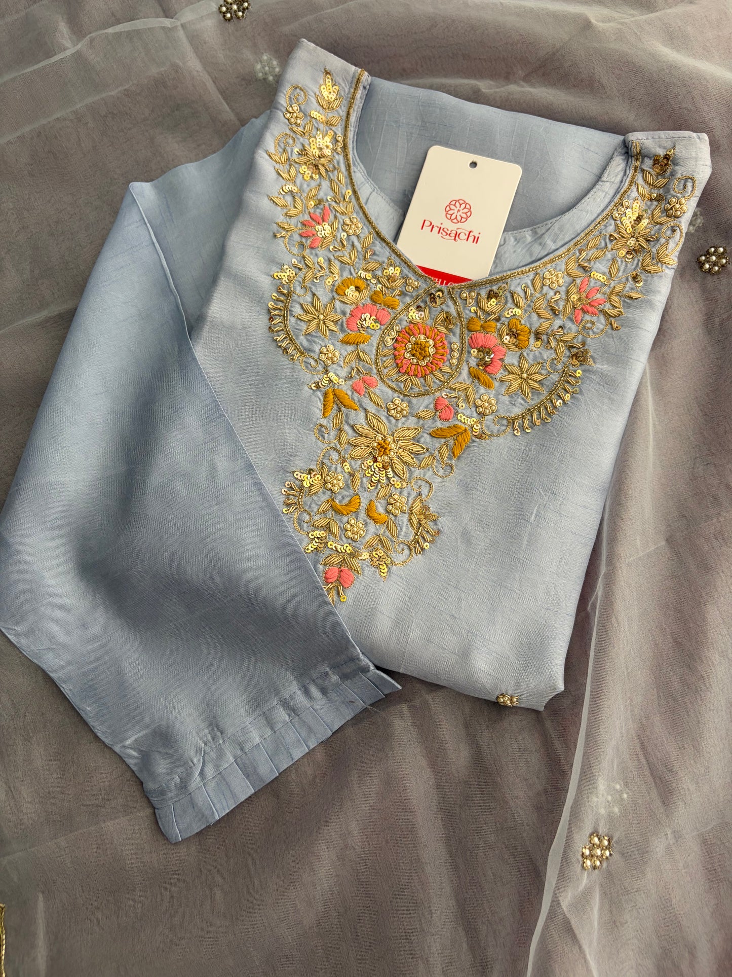 Pastel Blue Embroidered Kurta Set for Women with Straight Pants & Dupatta | Elegant Office & Daily Wear