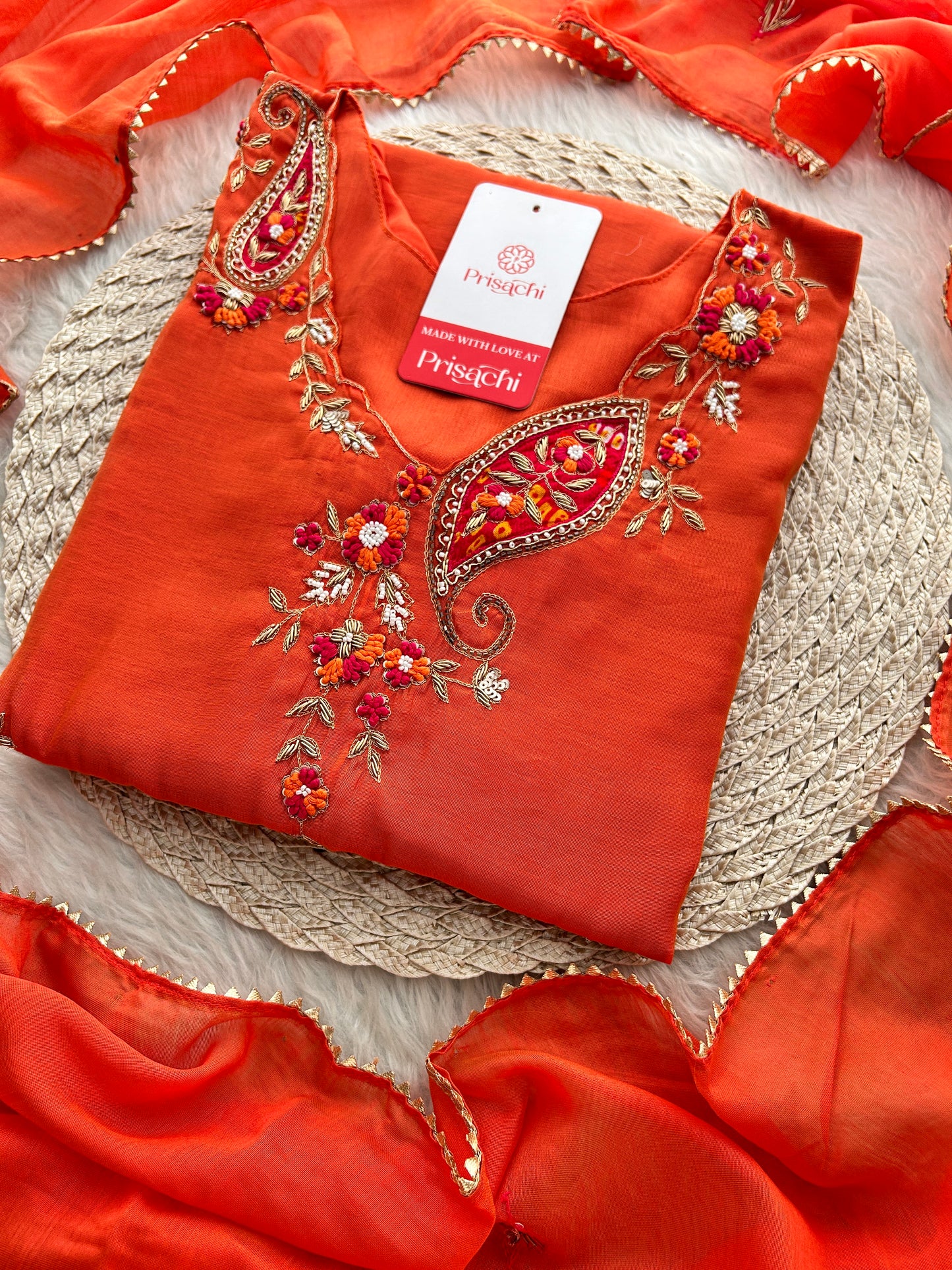 Orange Designer Embroidered A Line kurta set with dupatta and Pant