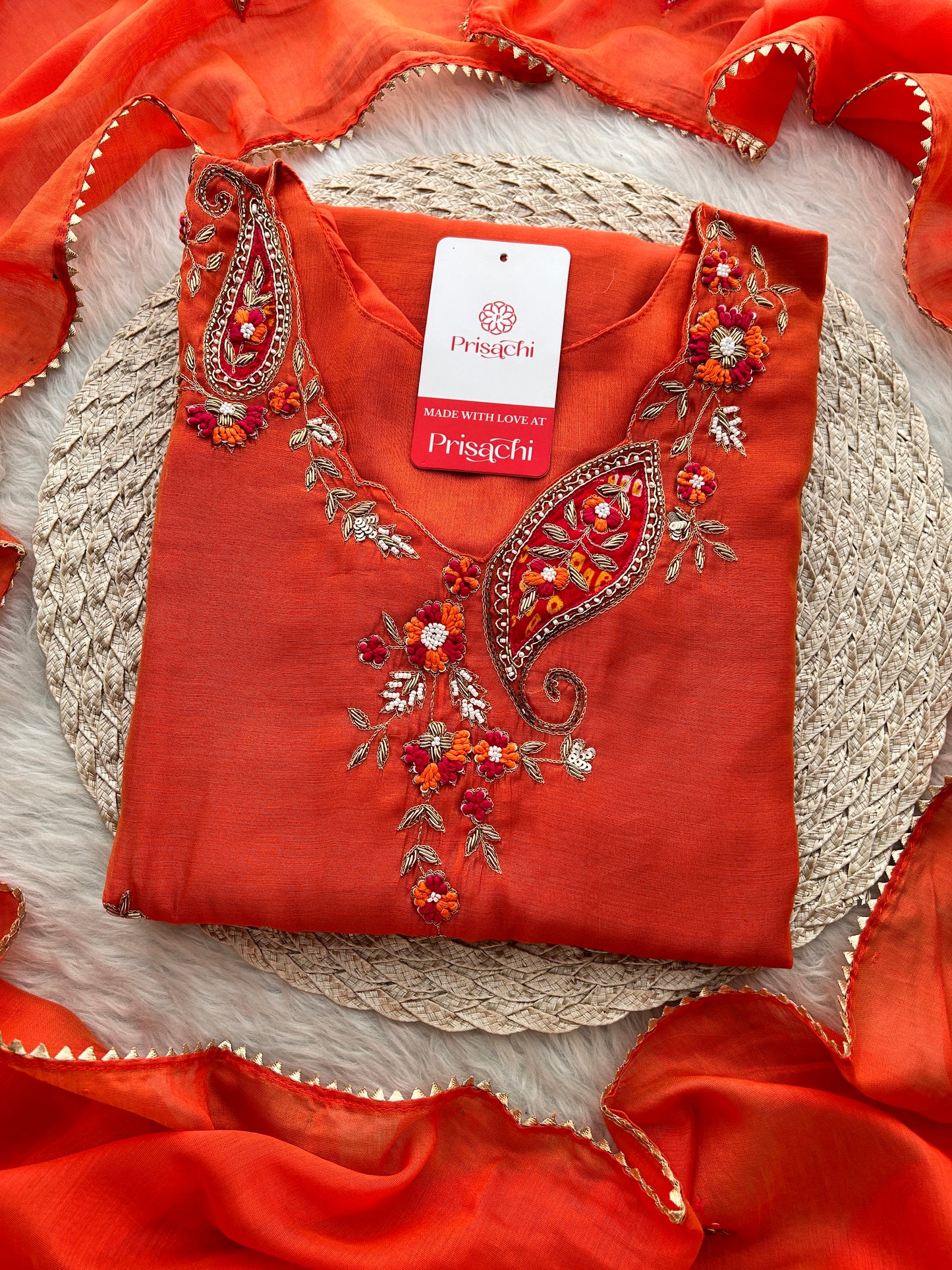 Orange Designer Embroidered A Line kurta set with dupatta and Pant