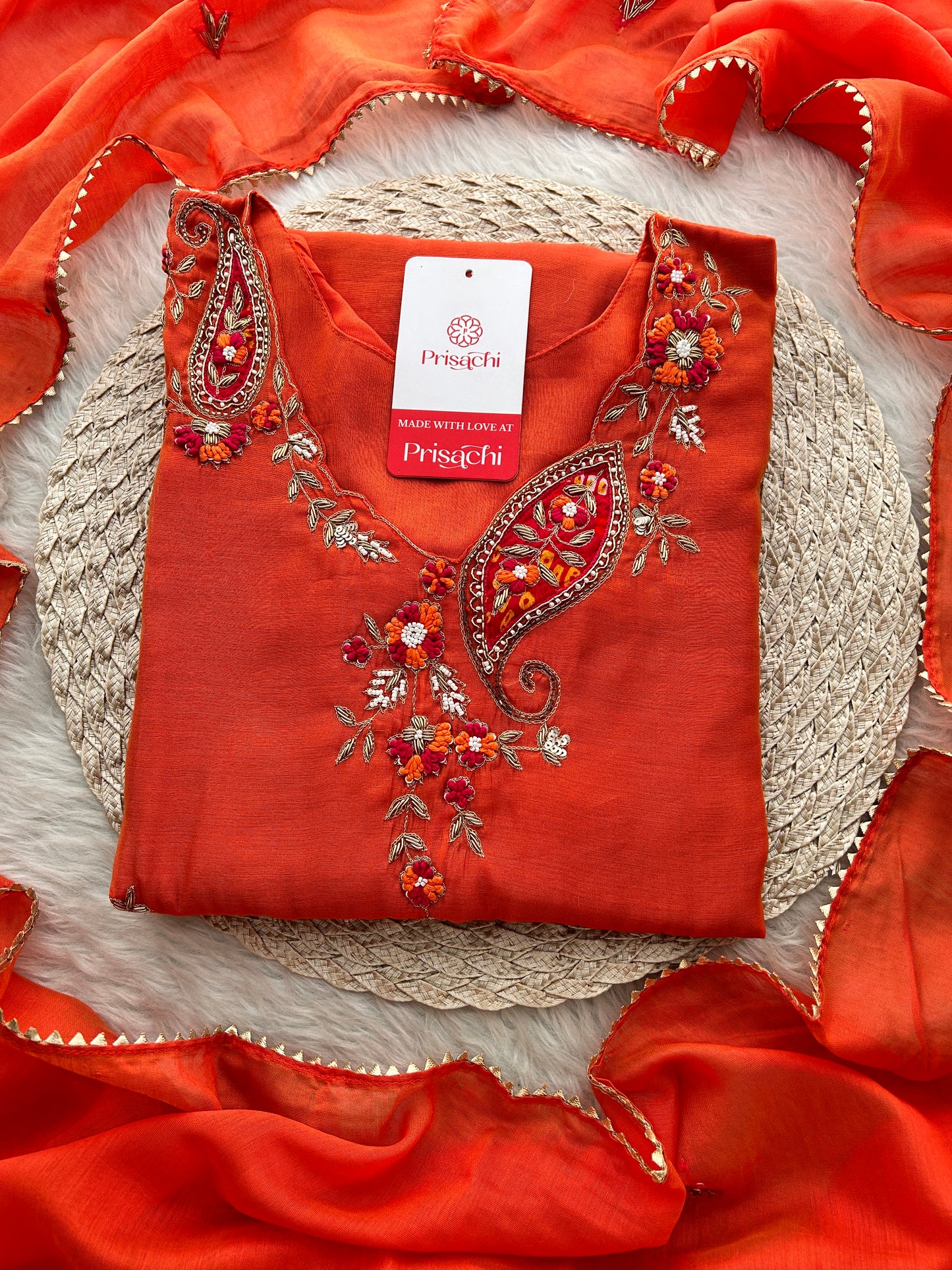 Orange Designer Embroidered A Line kurta set with dupatta and Pant