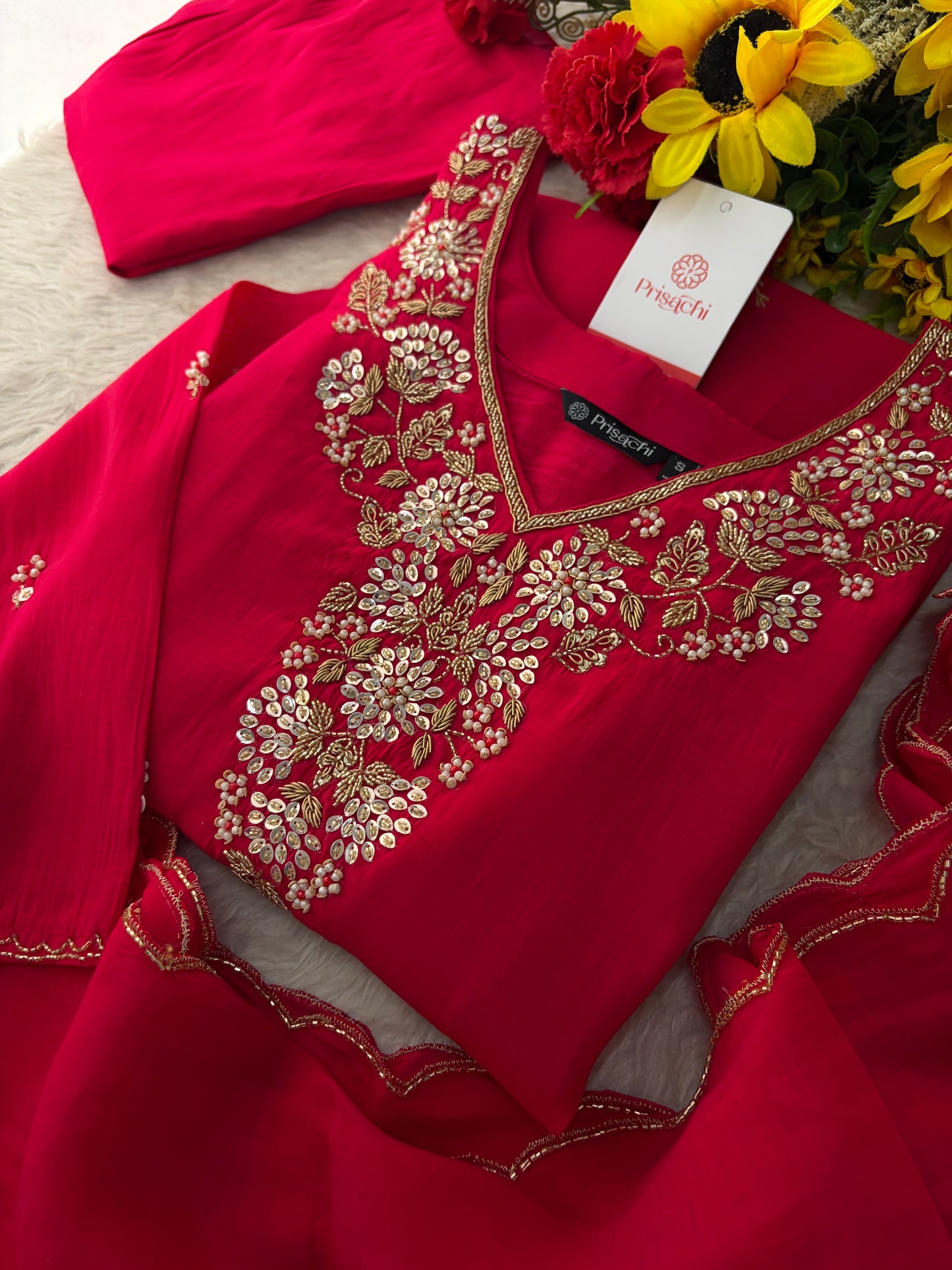 Deep Pink Embroidered Kurta Set for Women with Pants & Dupatta | Ethnic Festive Wear