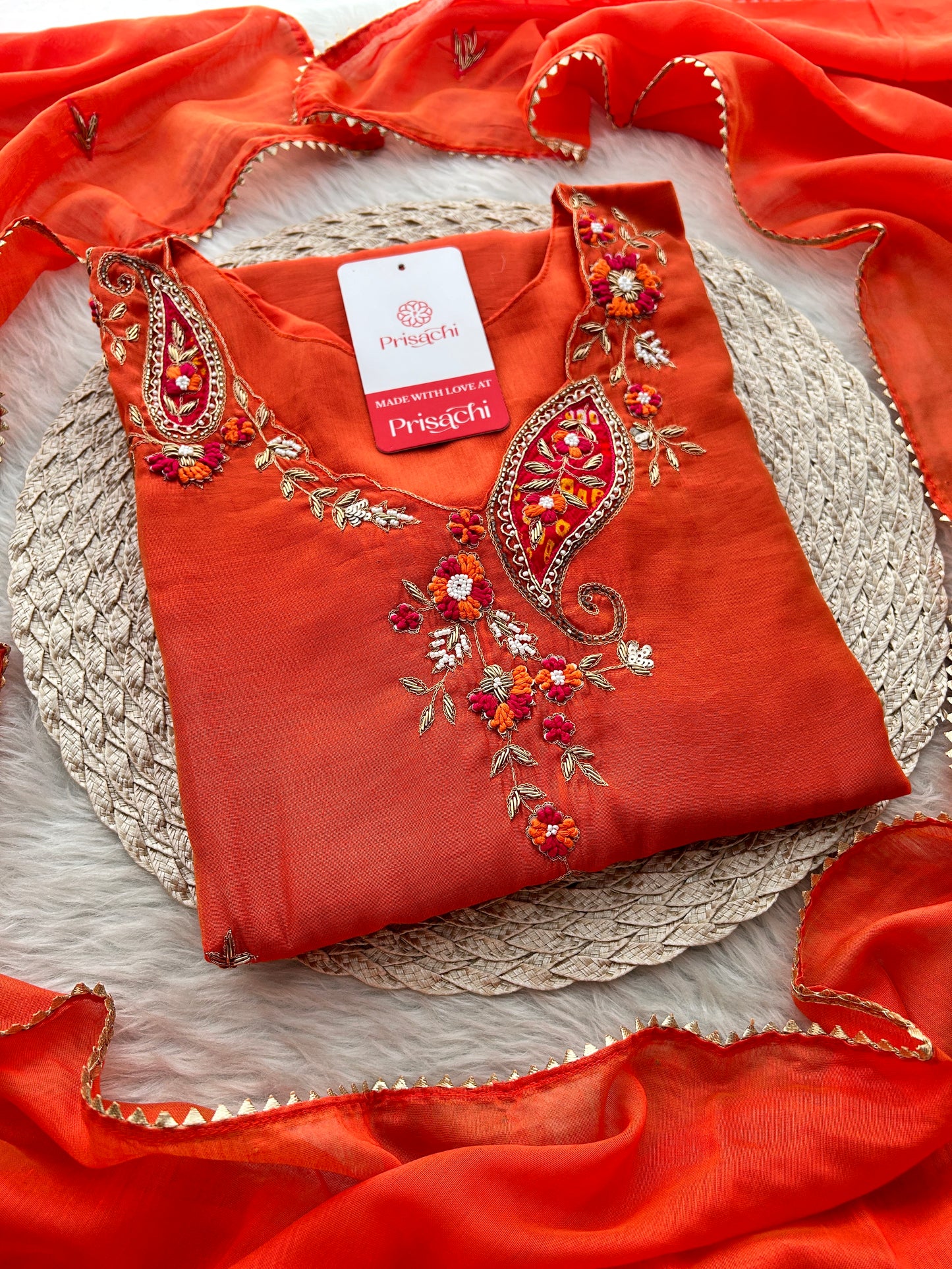 Orange Designer Embroidered A Line kurta set with dupatta and Pant