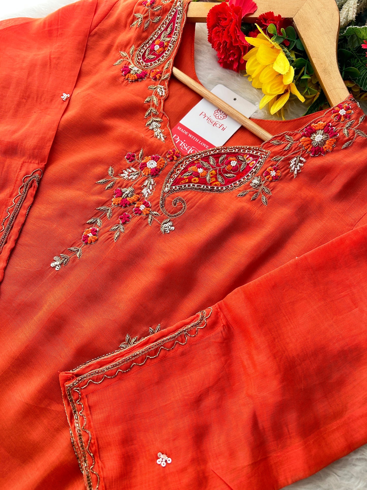 Orange Designer Embroidered A Line kurta set with dupatta and Pant