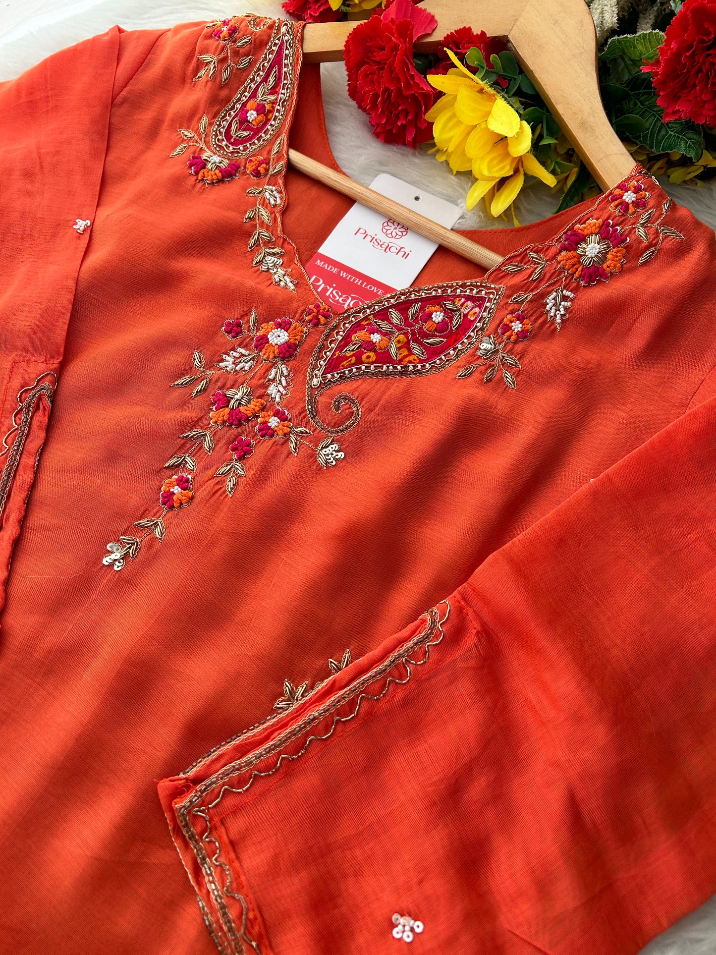 Orange Designer Embroidered A Line kurta set with dupatta and Pant