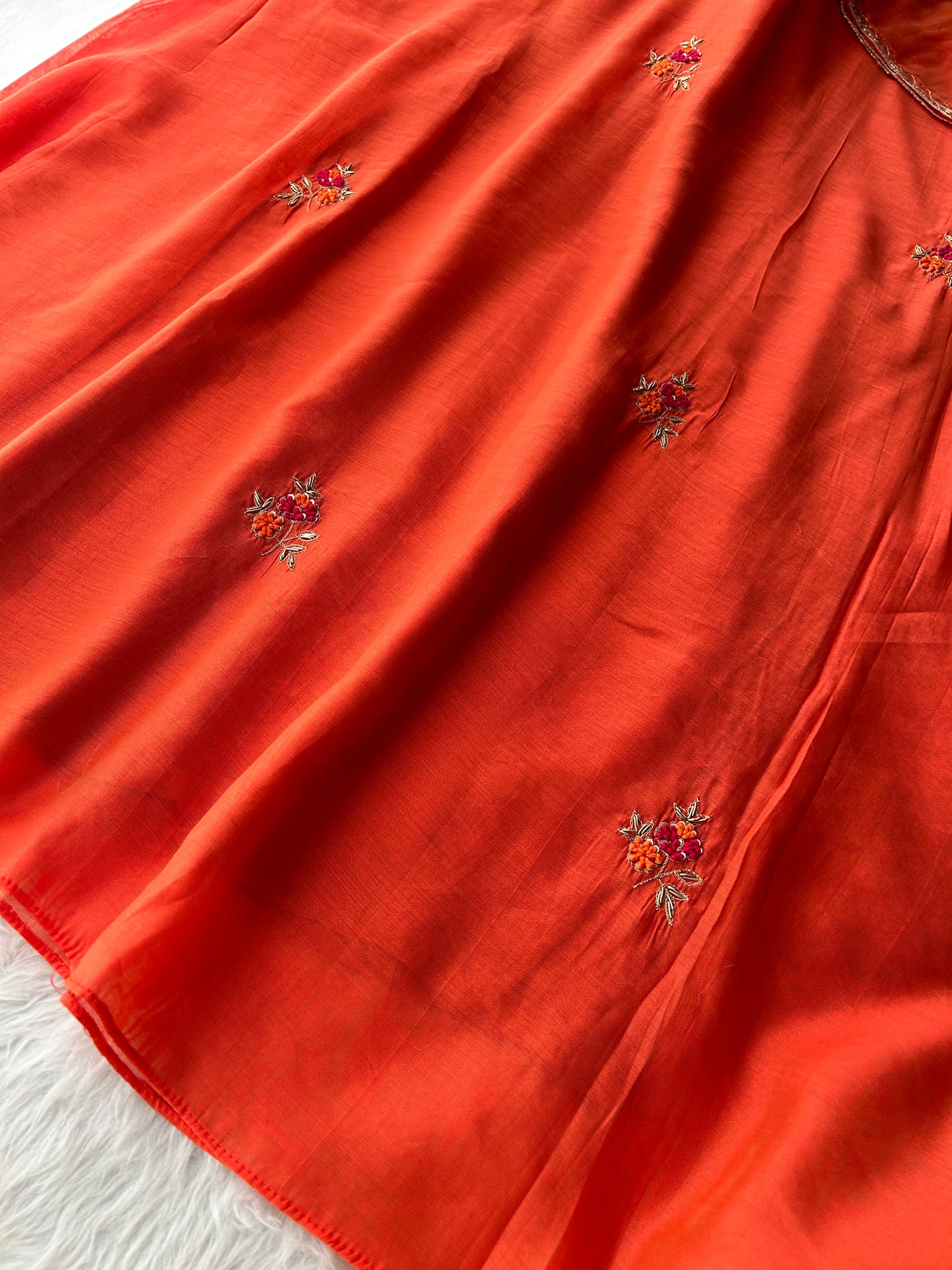 Orange Designer Embroidered A Line kurta set with dupatta and Pant