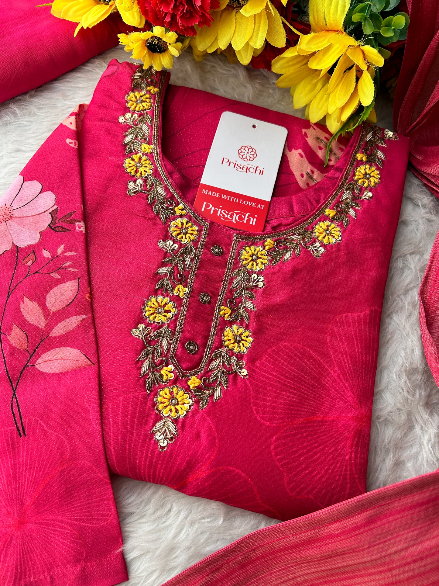 Pink Floral Printed Embroidered Kurta Set with Pants & Dupatta for Women | Festive Ethnic Suit