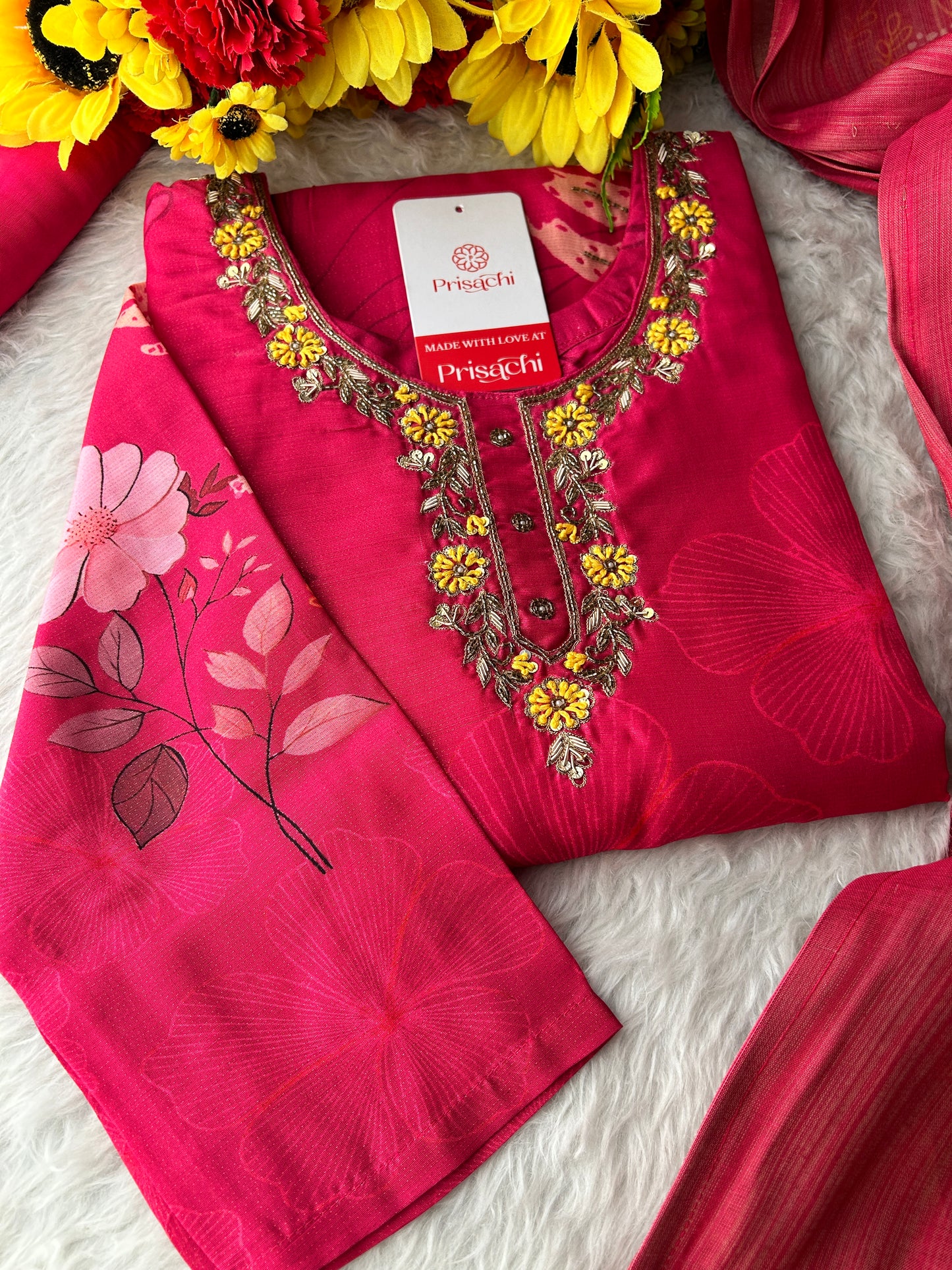 Pink Floral Printed Embroidered Kurta Set with Pants & Dupatta for Women | Festive Ethnic Suit